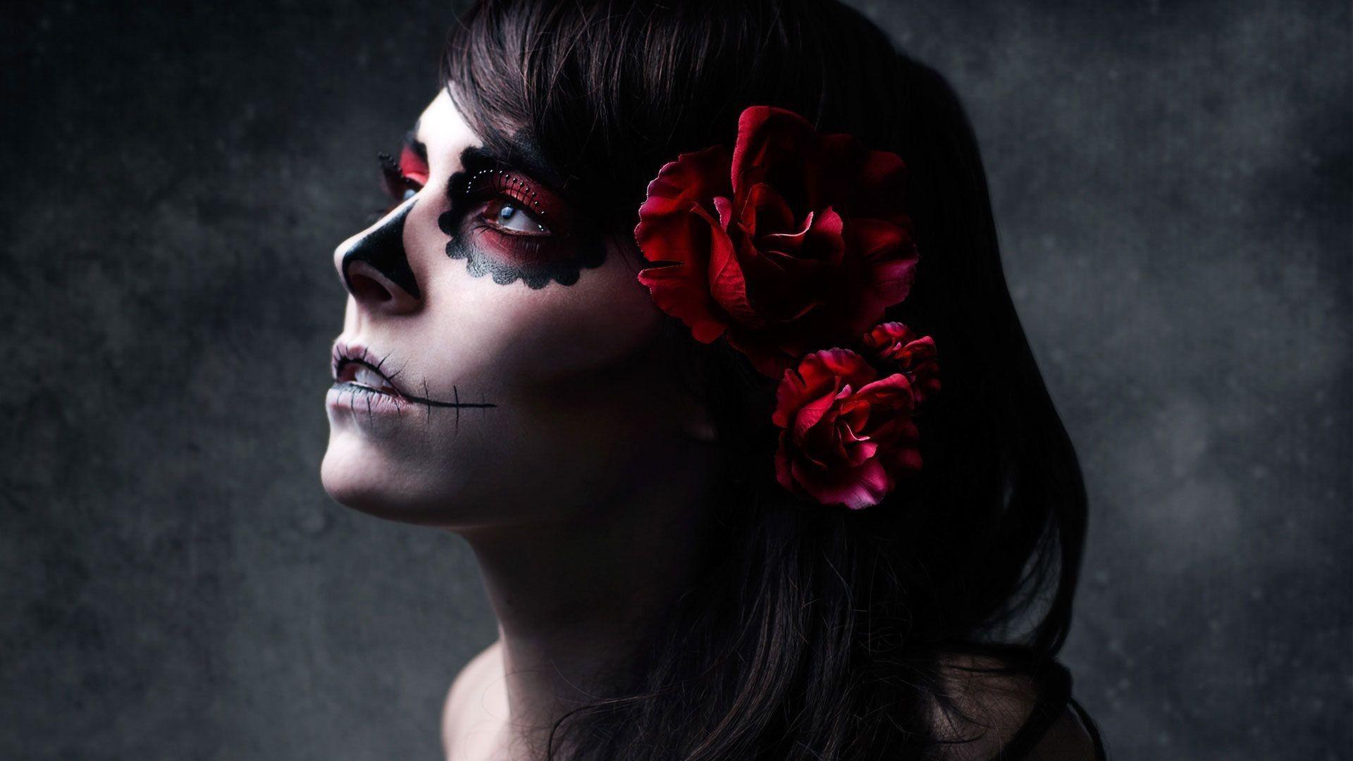 1920x1080 #artwork, #makeup, #flowers, #Dia de los Muertos, #Sugar Skull, #photography, #women, #Hannah Ray, #Gothic, #skull, #brunette, #fantasy art, wallpaper. Mocah.org HD Desktop Wallpaper