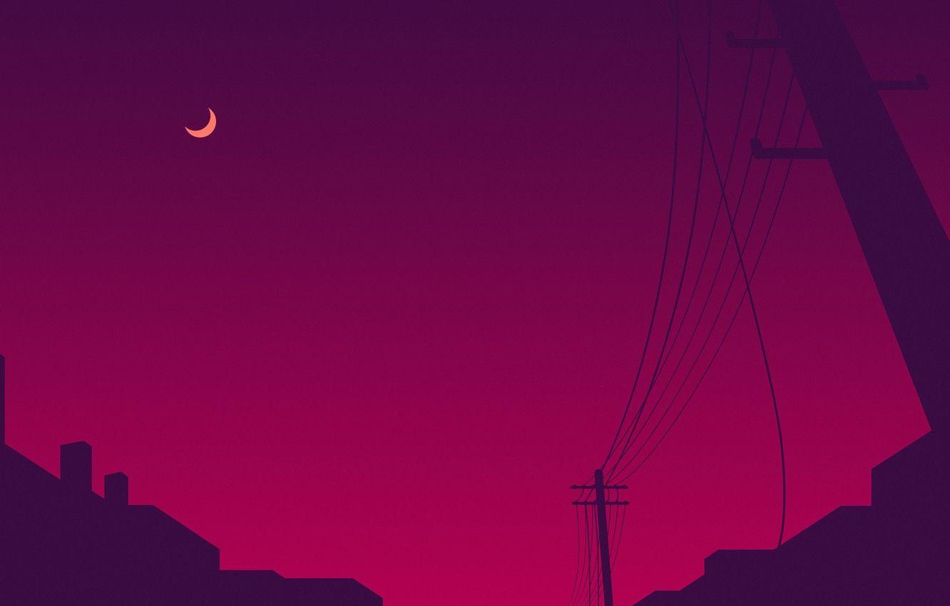 1332x850 Wallpaper purple, night, the city, lilac, pink, the moon, posts, wire, post, moon, night, town image for desktop, section минимализм