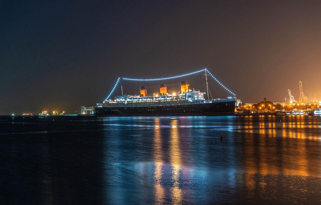 1332x850 Wallpaper night, lights, shore, ships, lights, CA, Bay, USA, liner, Queen Mary, Long Beach image for desktop, section город
