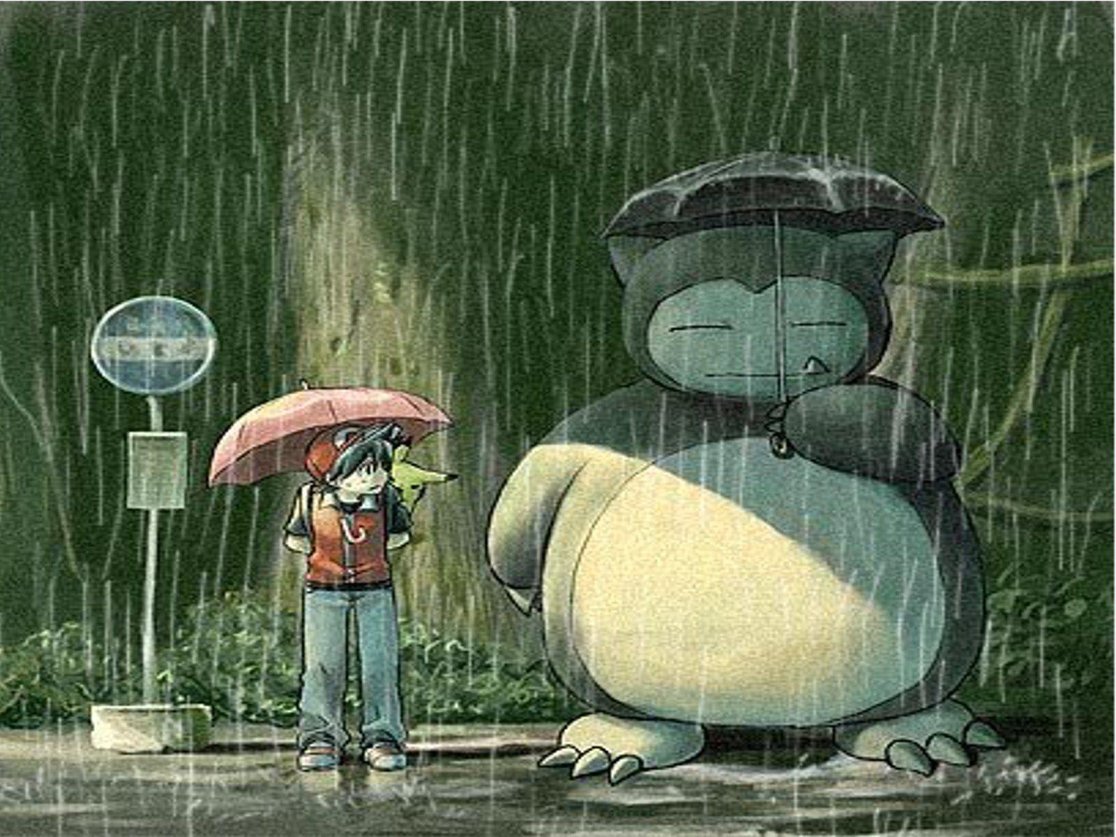 1600x1200 Pokemon rain Totoro parody Snorlax bus stop umbrellas wallpaperx1200