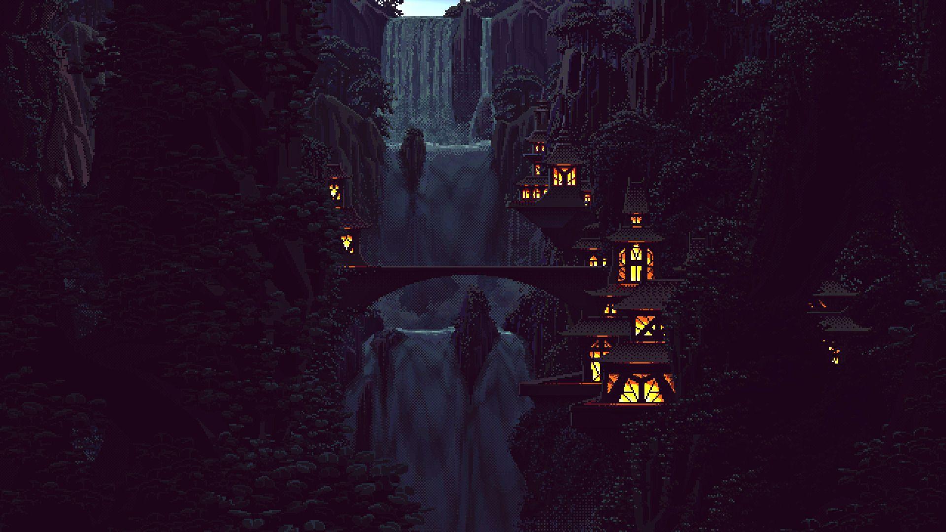 1920x1080 digital Art, Pixel Art, Pixels, 8 bit, Nature, Waterfall, Trees, Forest, Chinese Architecture, House, Lights, Mountain, Rock, Hill Wallpaper HD / Desktop and Mobile Background