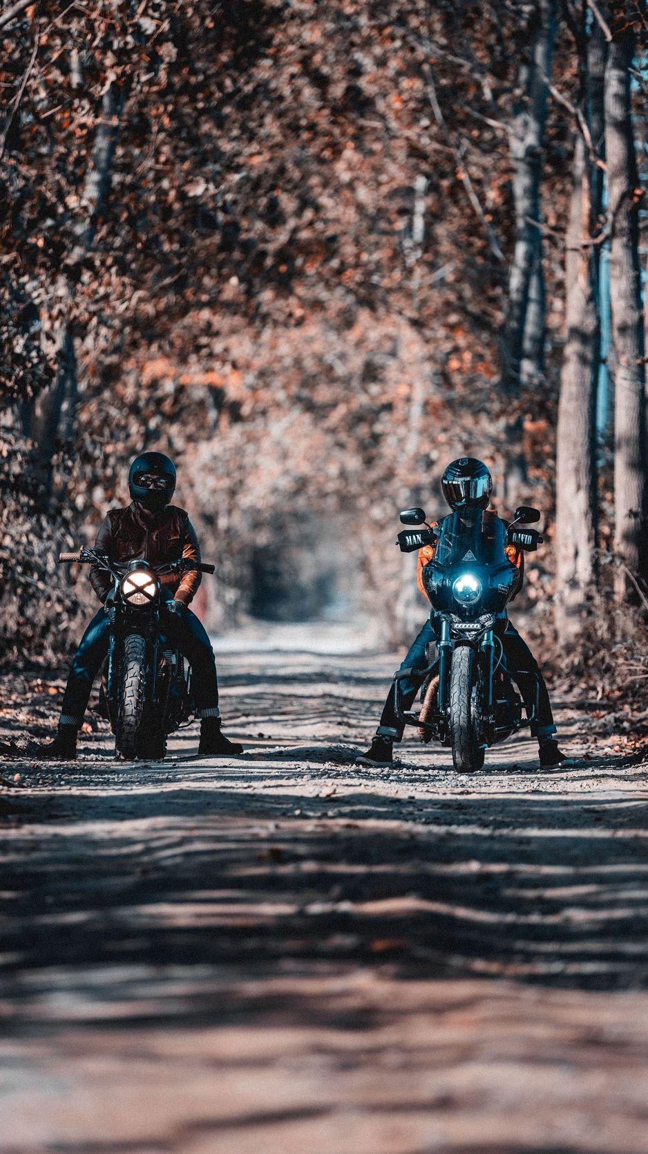 938x1668 Motorcyclists, bikers, bike, motorcycle, forest