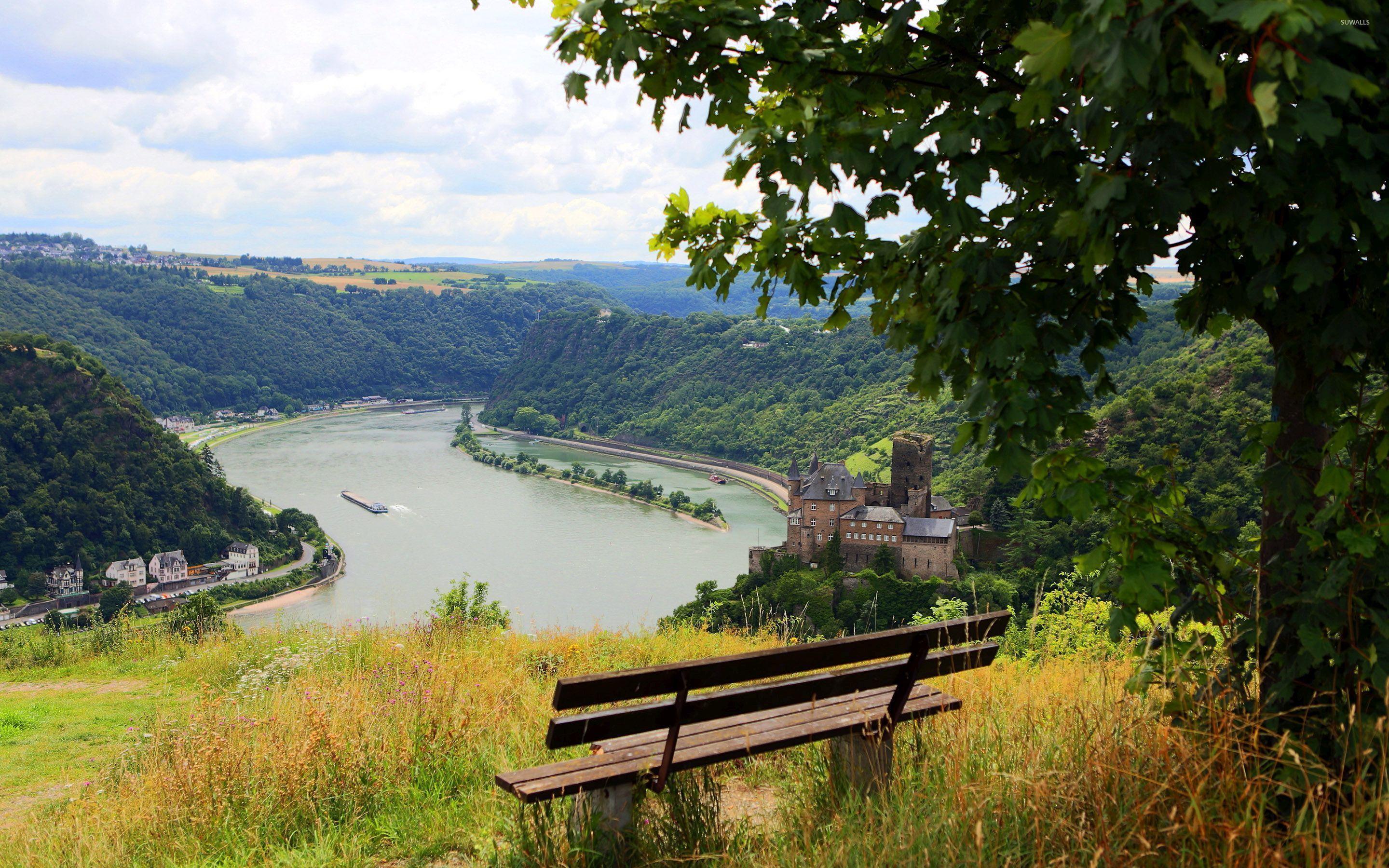 2880x1800 Bench facing the small village and river wallpaper wallpaper