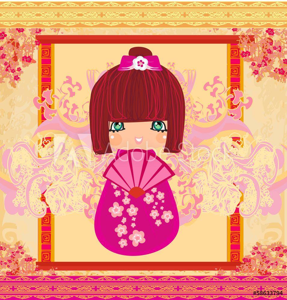 955x1000 Kokeshi Doll Cartoon Character, Beautiful Abstract Card Wall Mural Diavolessa