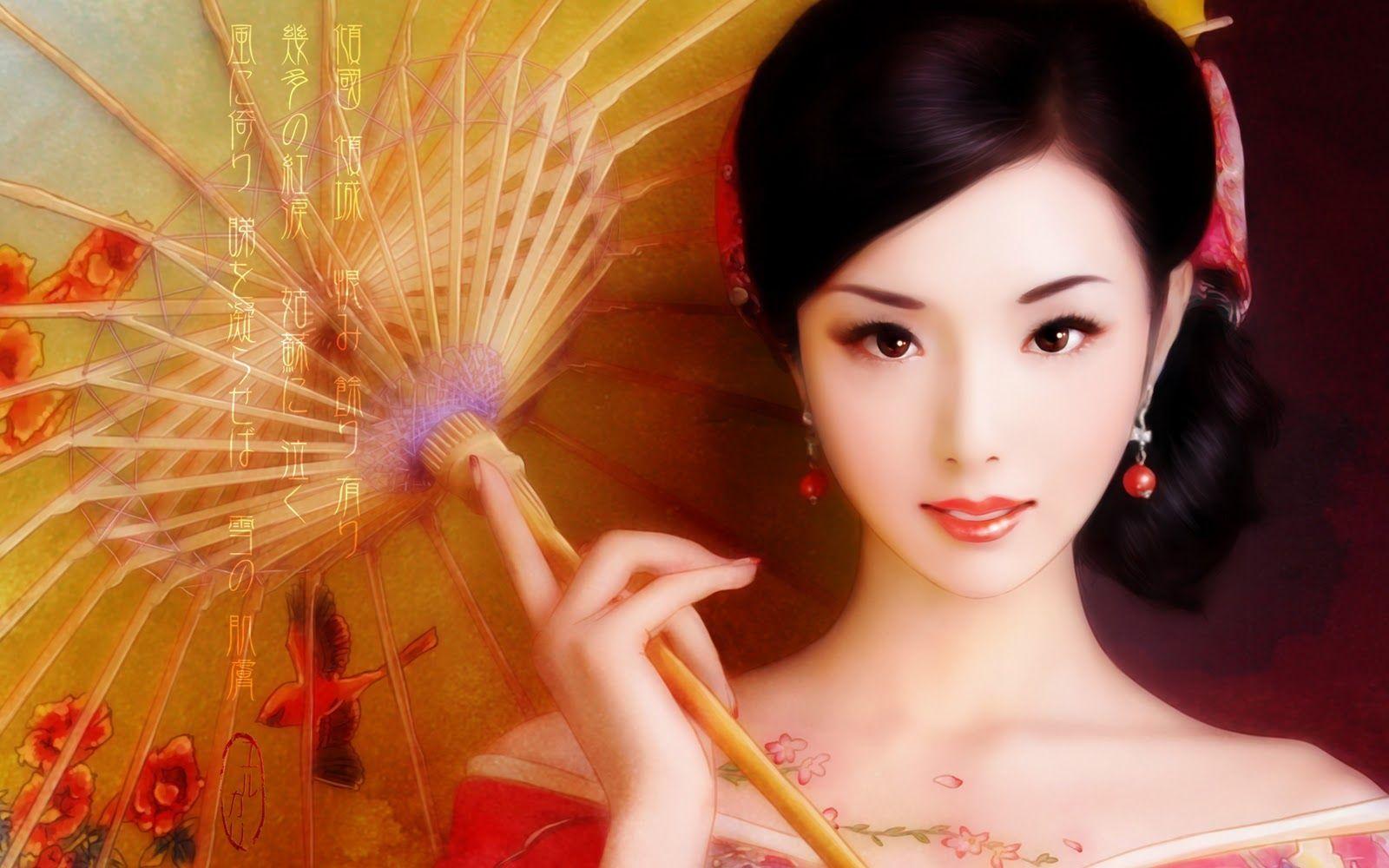 1600x1000 3D artwork of oriental women. Geisha holding Japanese umbrella