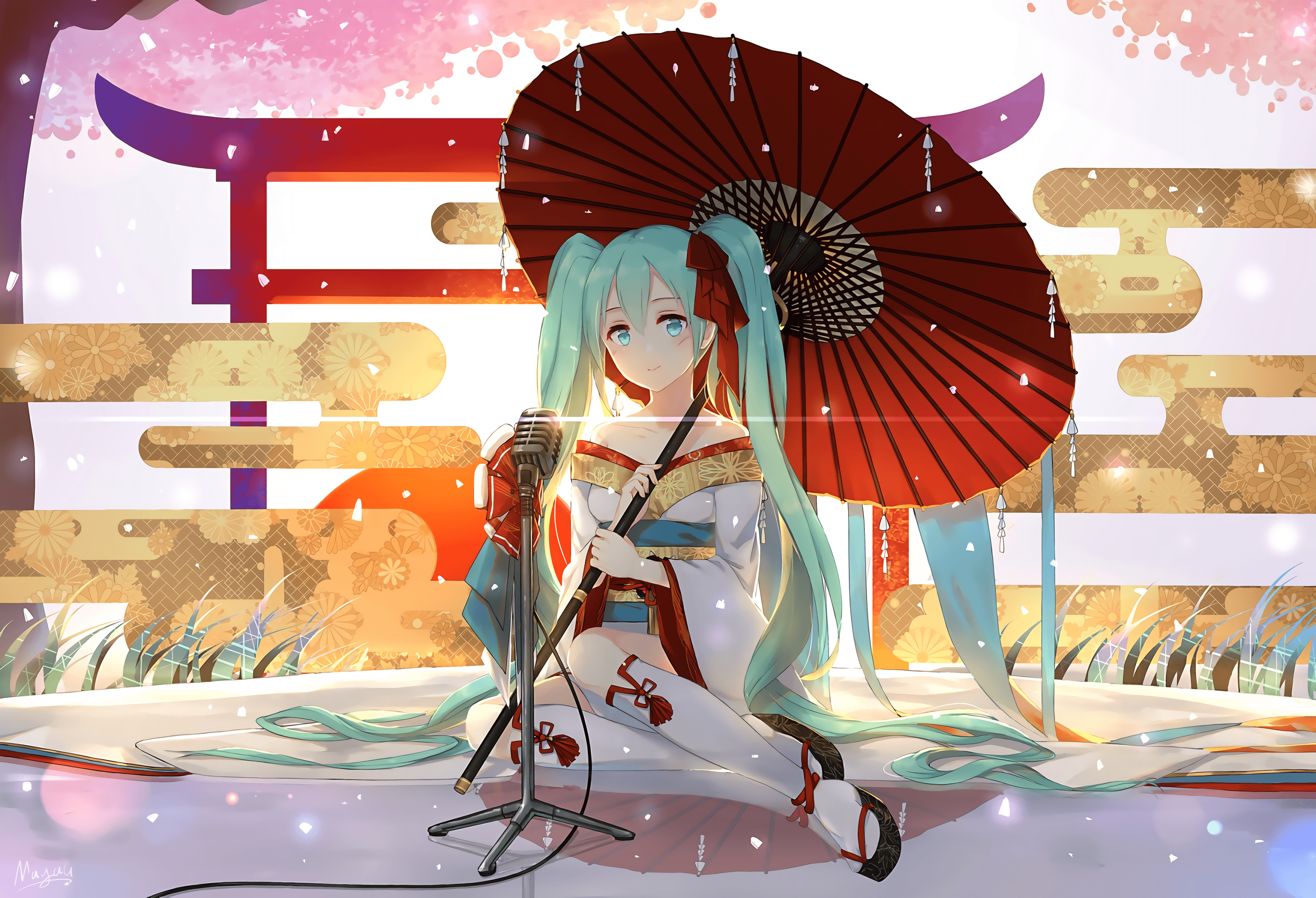 3514x2400 Wallpaper : illustration, anime girls, umbrella, cartoon, knee highs