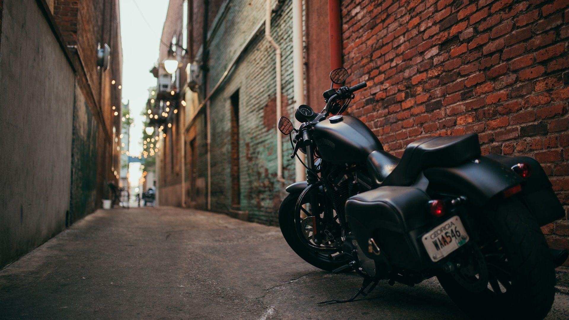 1920x1080 Wallpaper Harley Davidson black motorcycle back view, path 3840x2160 UHD 4K Picture, Image