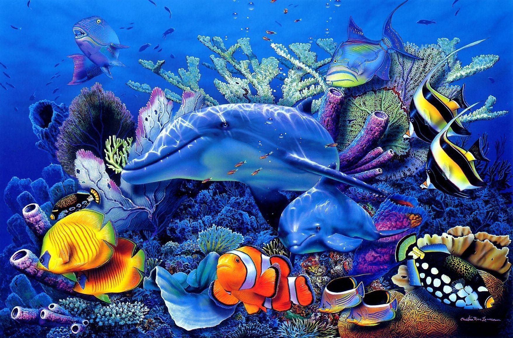 1756x1156 Dolphins dolphin ocea sea underwater Christian Riese Lassen dolphins fish corals art fantasy wallpaperx1156