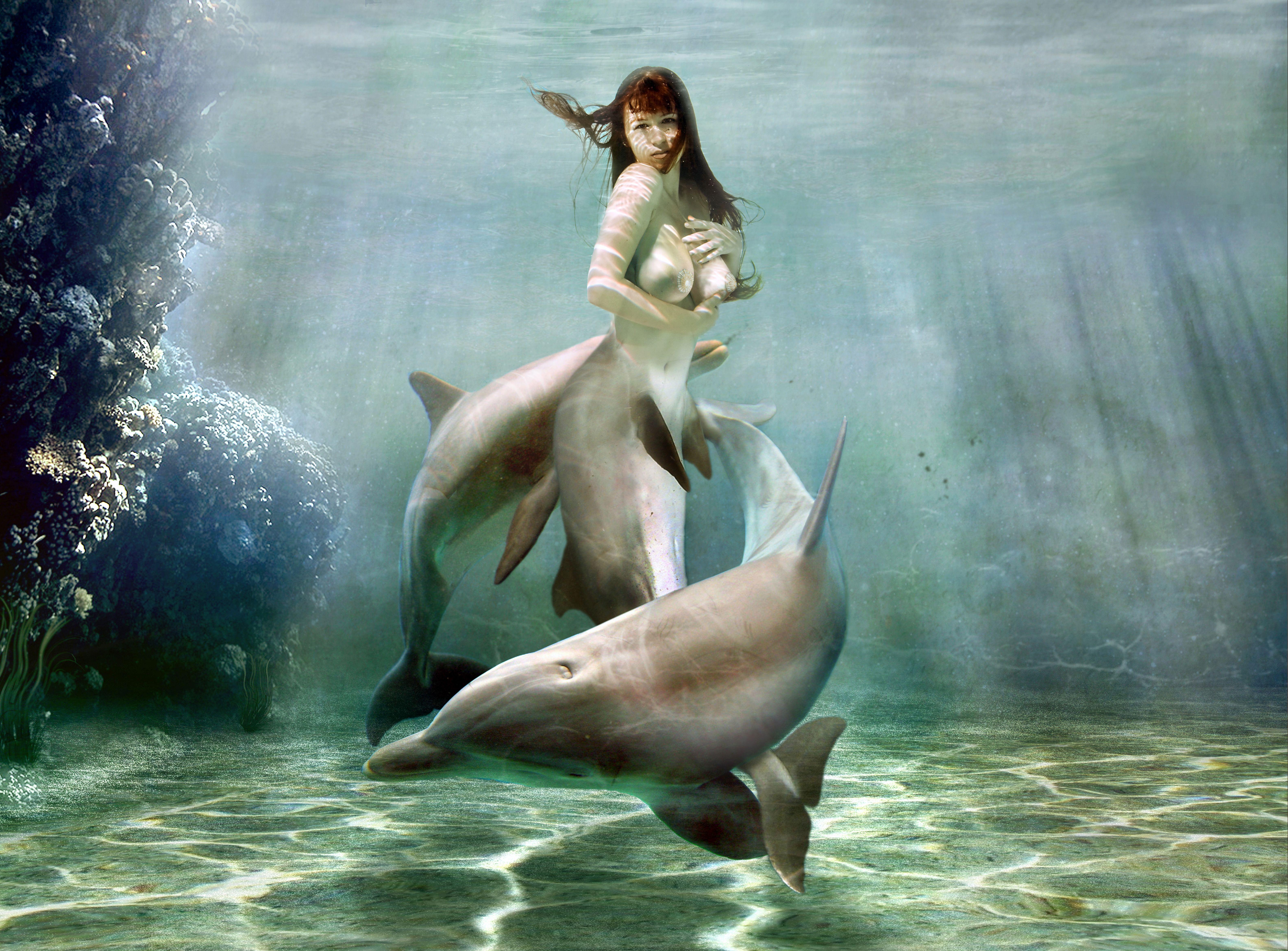 6336x4680 Image mermaids Dolphins Underwater world female Fantasy 6336x4680