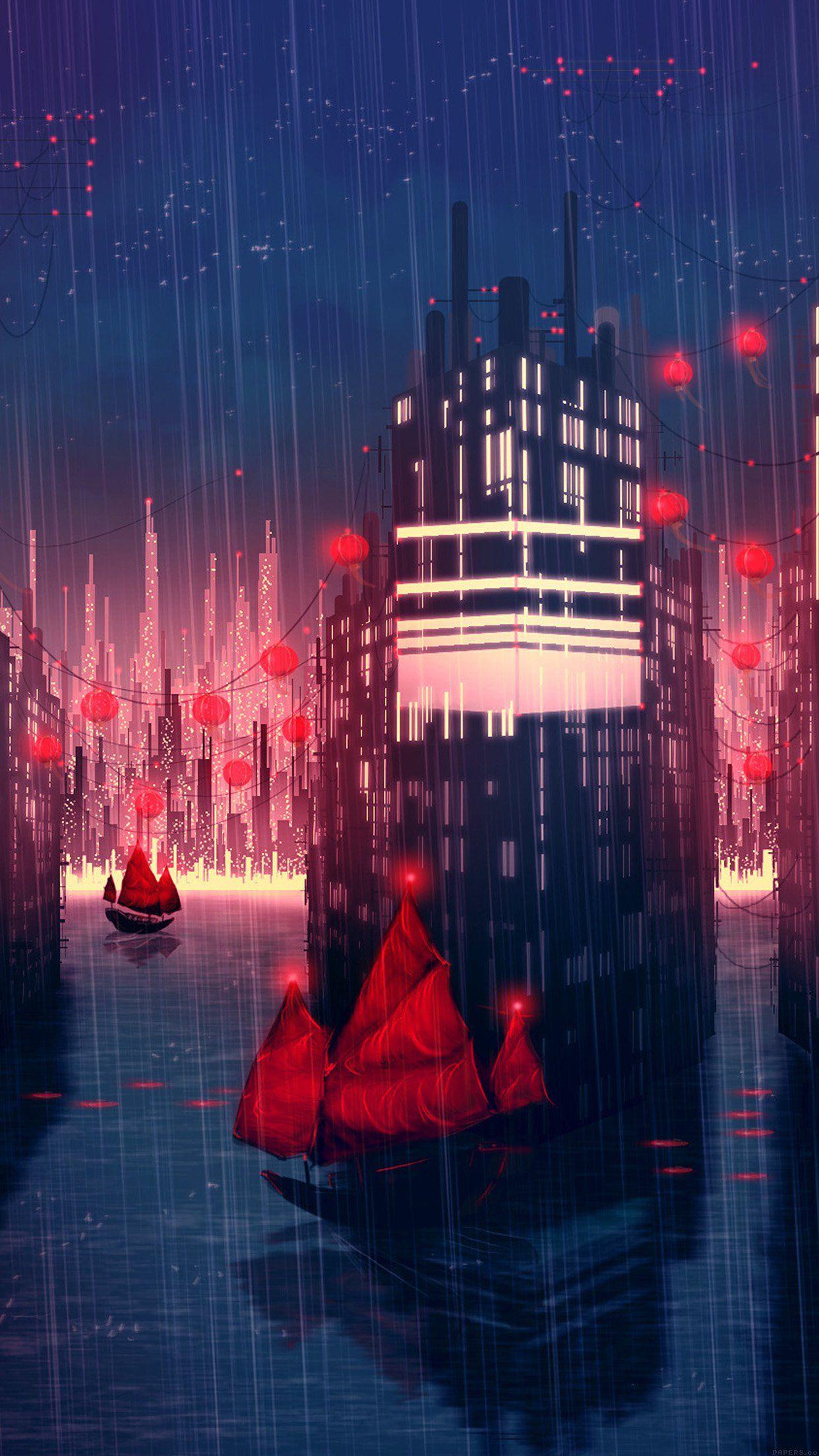 1242x2208 Rainy Anime City Art Illust Android wallpaper HD