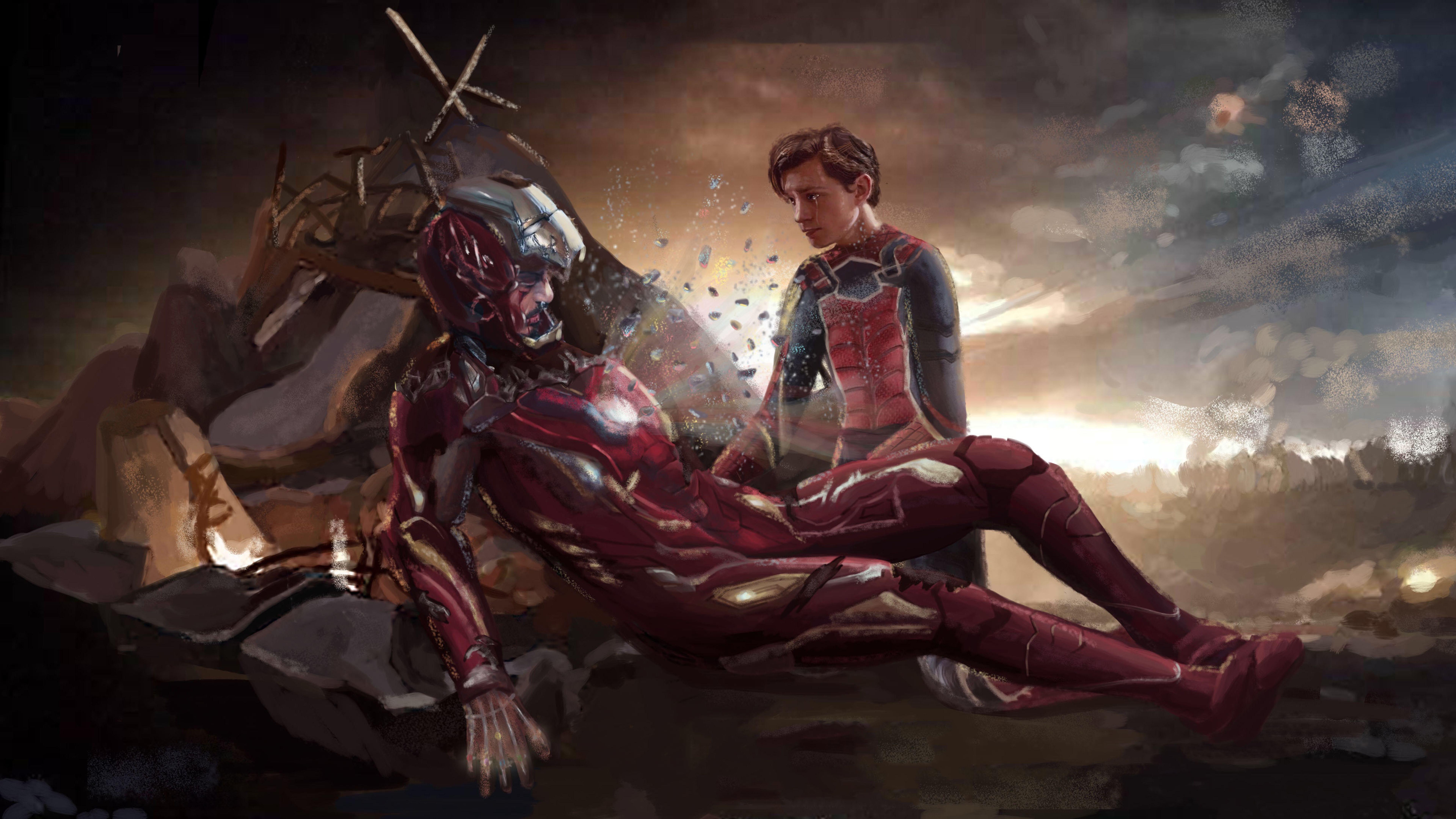 7680x4320 Iron Man and Spiderman Last Scene Art 8K Wallpaper, HD Artist 4K Wallpaper, Image, Photo and Background