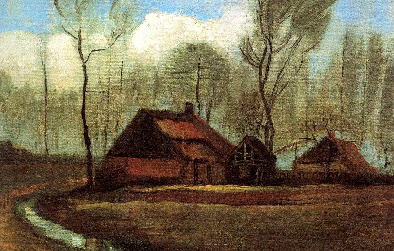 1332x850 Wallpaper puddle, Vincent van Gogh, Farmhouses Among Trees image for desktop, section живопись