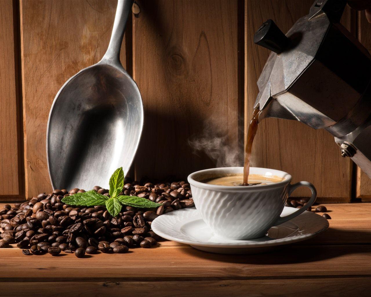 1280x1024 Wallpaper Hot coffee, cup, kettle, coffee beans 5120x2880 UHD 5K Picture, Image