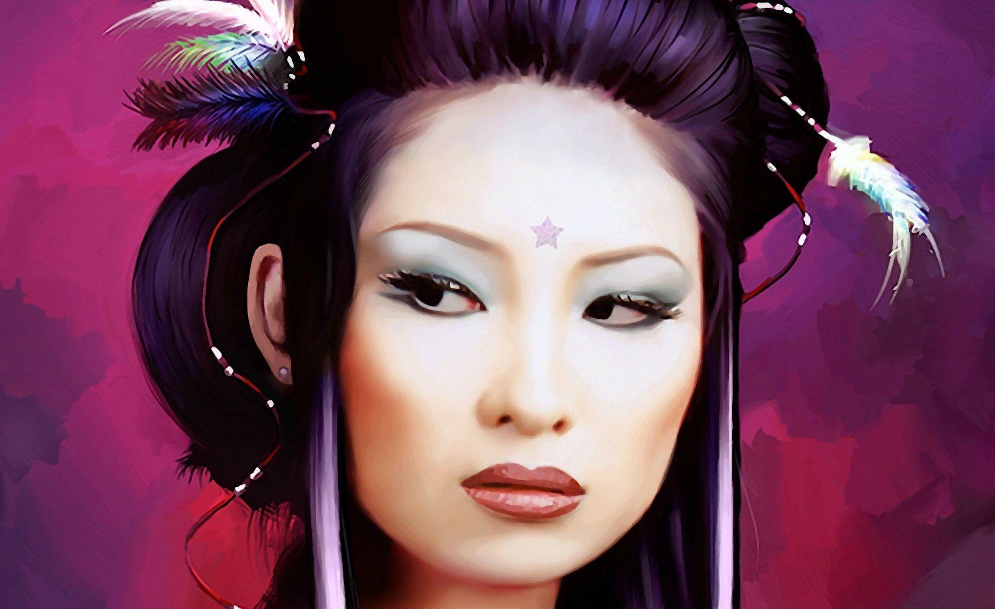 1958x1200 girl a woman japan geisha asian eyes face hair style feathers star