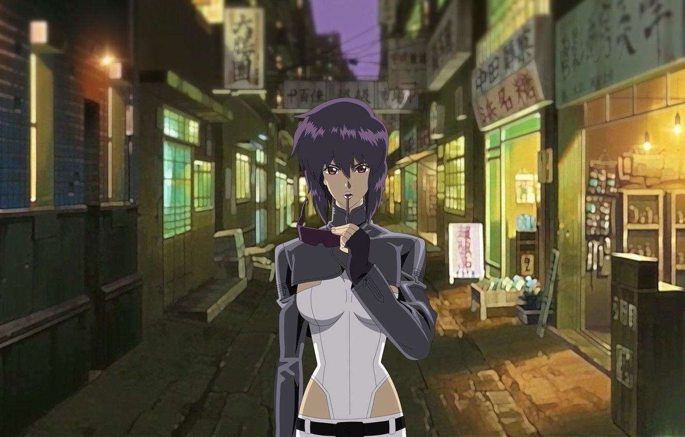1332x850 Wallpaper girl, street, glasses, lane, Ghost in the Shell, purple hair, The Fireworks Kusanagi, Motoko Kusanagi, Ghost in the shell image for desktop, section прочее