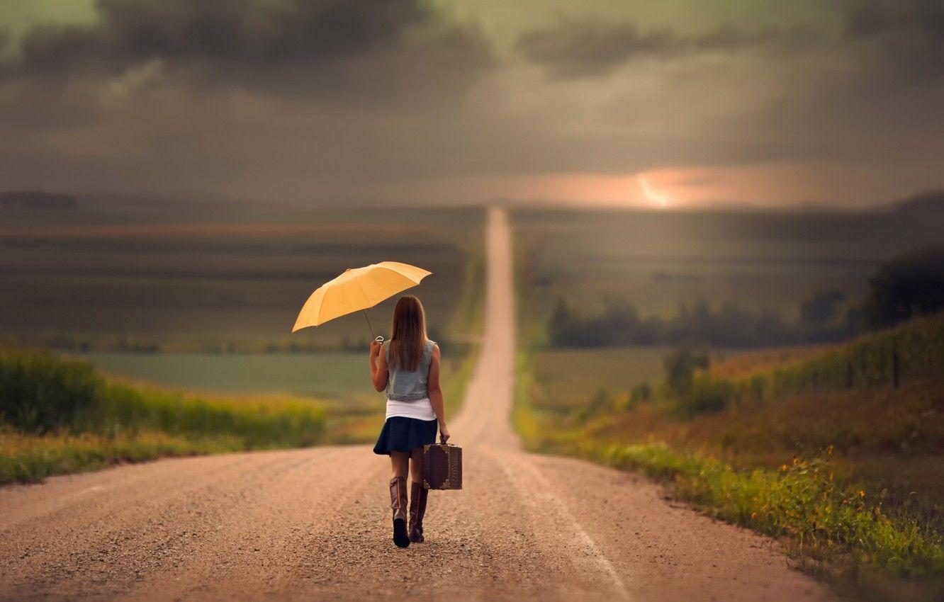 1332x850 Wallpaper road, girl, the way, umbrella, space, girl, suitcase, care image for desktop, section ситуации