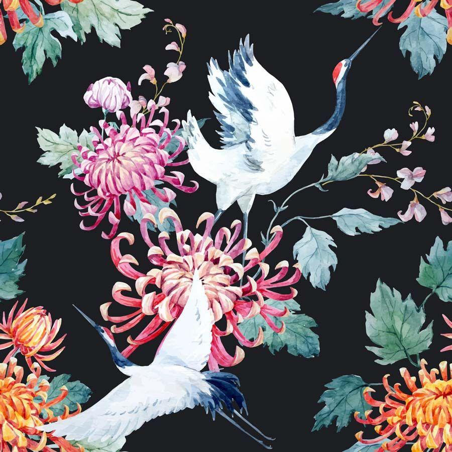 900x900 Cranes And Flowers Pattern Wallpaper. Murals Your Way