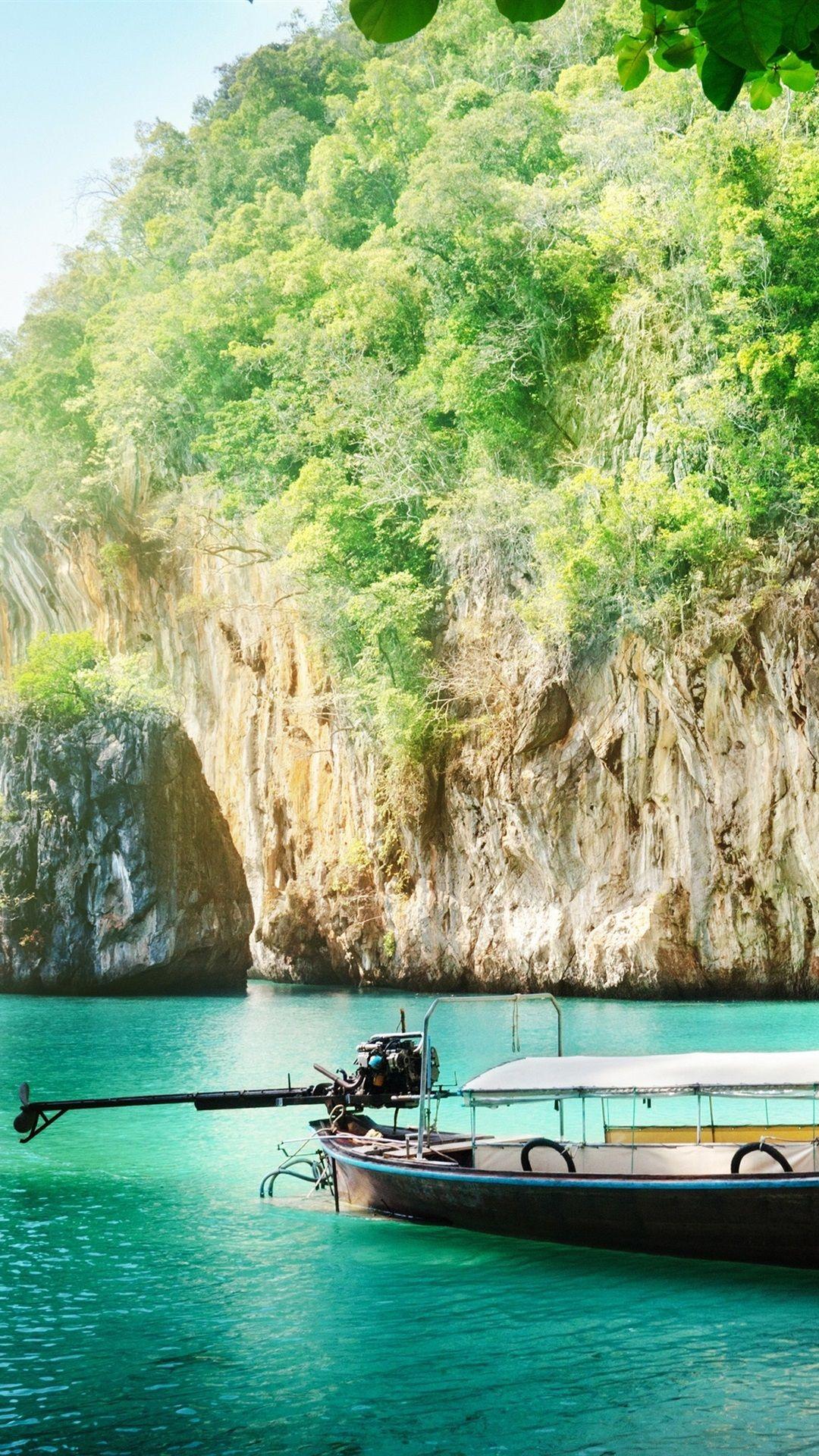 1080x1920 Thailand Scenery, Coast, Sea, Boat, Cliff, Leaves, Sunshine 1080x1920 IPhone 8 7 6 6S Plus Wallpaper, Background, Picture, Image
