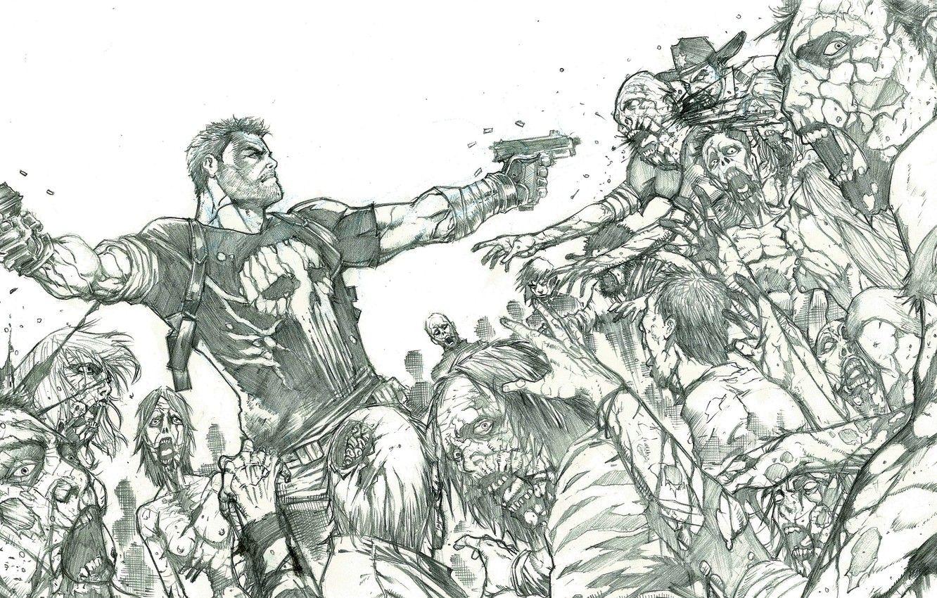 1332x850 Wallpaper Figure, Zombies, Punisher, Marvel, Comics, Marvel, The Punisher, The Punisher, Pencil image for desktop, section живопись
