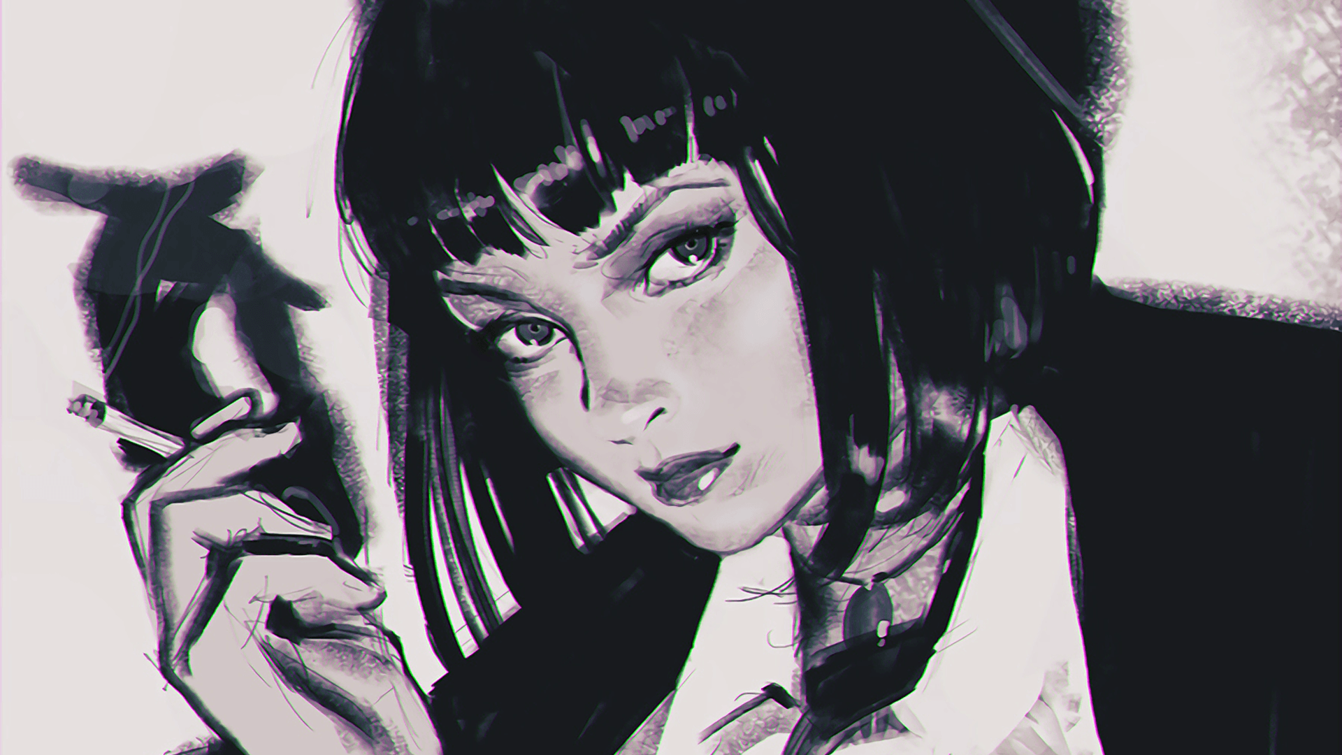 1920x1080 #monochrome, #drawing, #smoking, #Ilya Kuvshinov, #Mia Wallace, wallpaper. Mocah.org HD Desktop Wallpaper