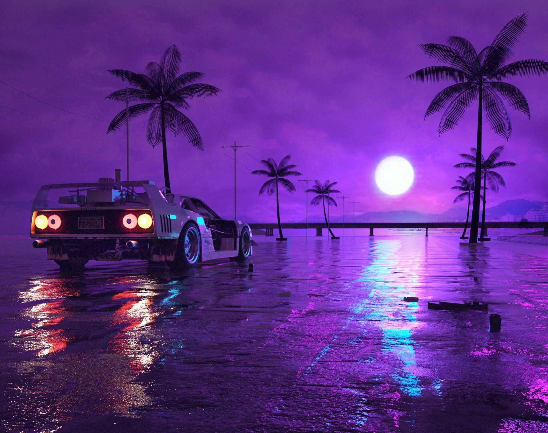 1920x1518 Car, Digital Art, Moon, Night, Purple, Retro Wave Wallpaper