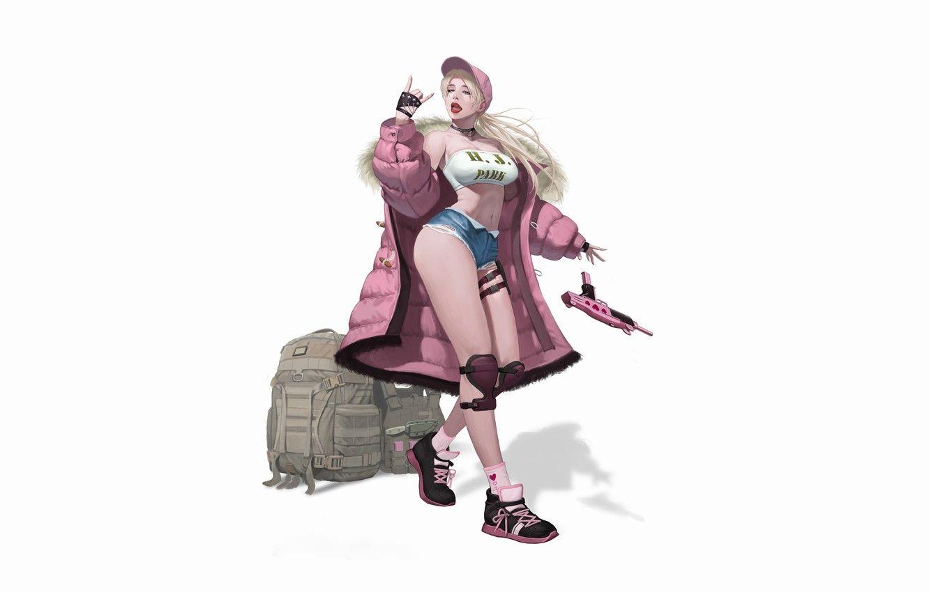 1332x850 Wallpaper Pink, Girl, Gun, Beautiful, , Art, Style, Hip Hop, Blonde, Background, Illustration, Weapon, Minimalism, Figure, Character, Jong Min Lee Image For Desktop, Section прочее