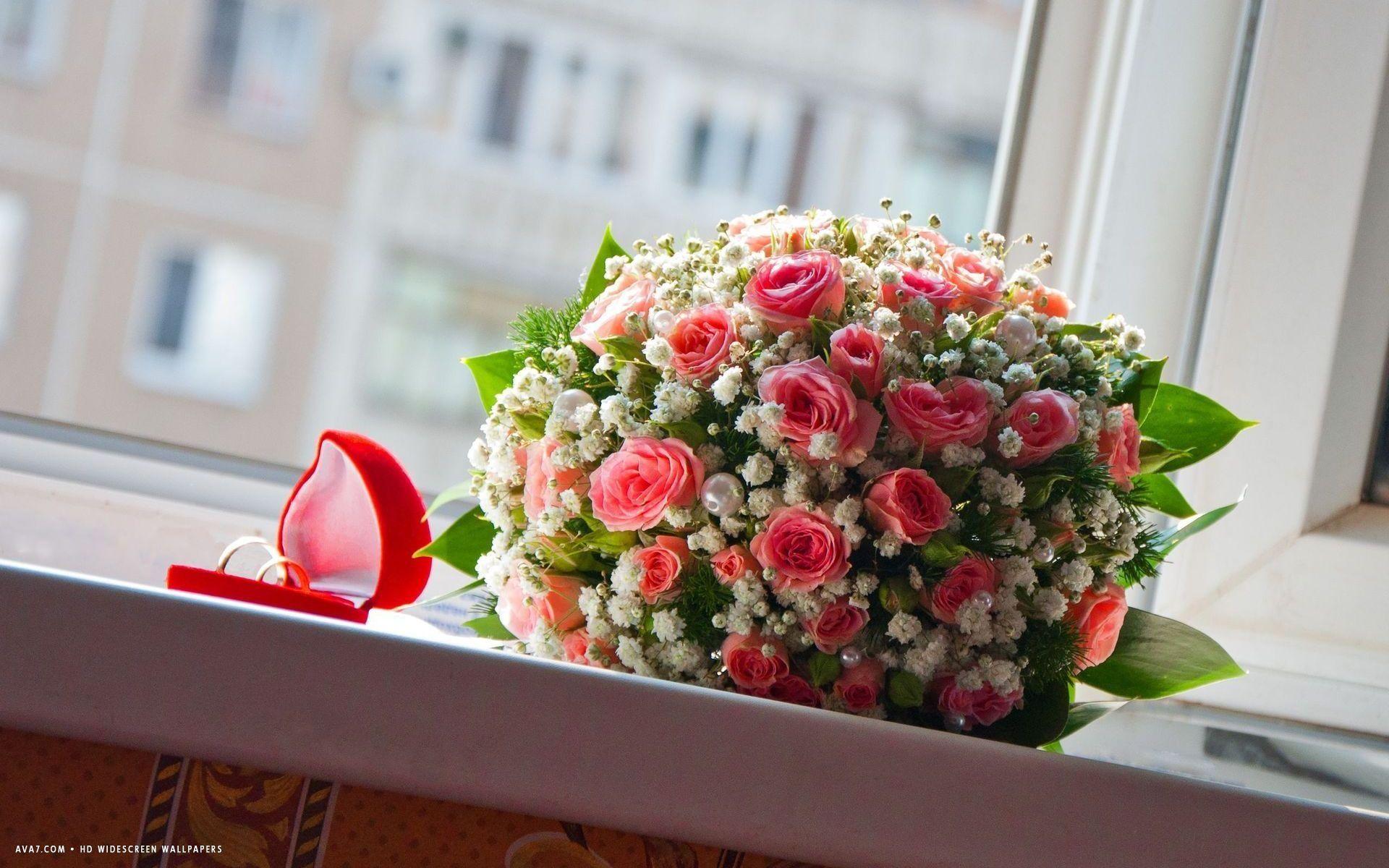 1920x1200 wedding holiday rings bridal bouquet flowers pink roses window HD widescreen wallpaper / romantic background