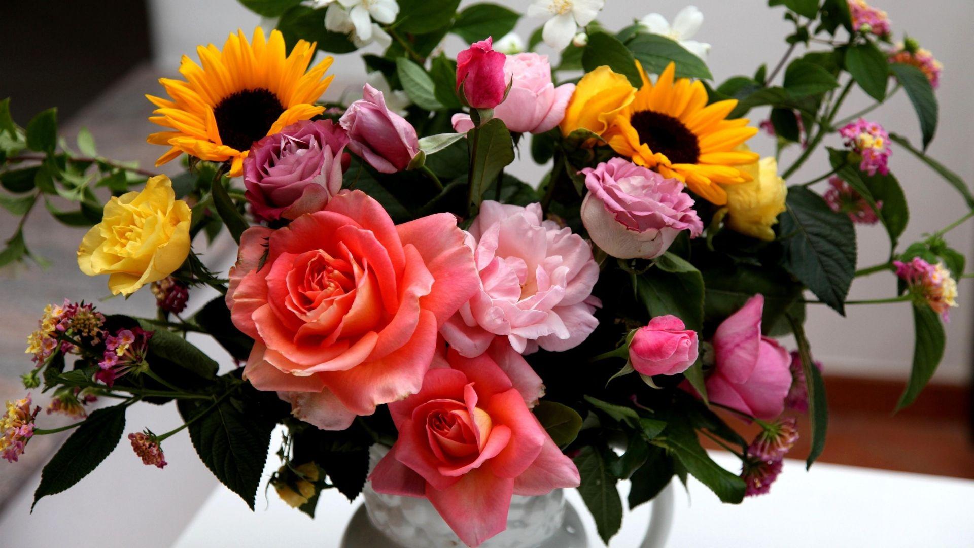 1920x1080 Download Wallpaper 1920x1080 roses, sunflowers, jasmine, flowers, bouquets, composition, vase Full HD 1080p HD Background