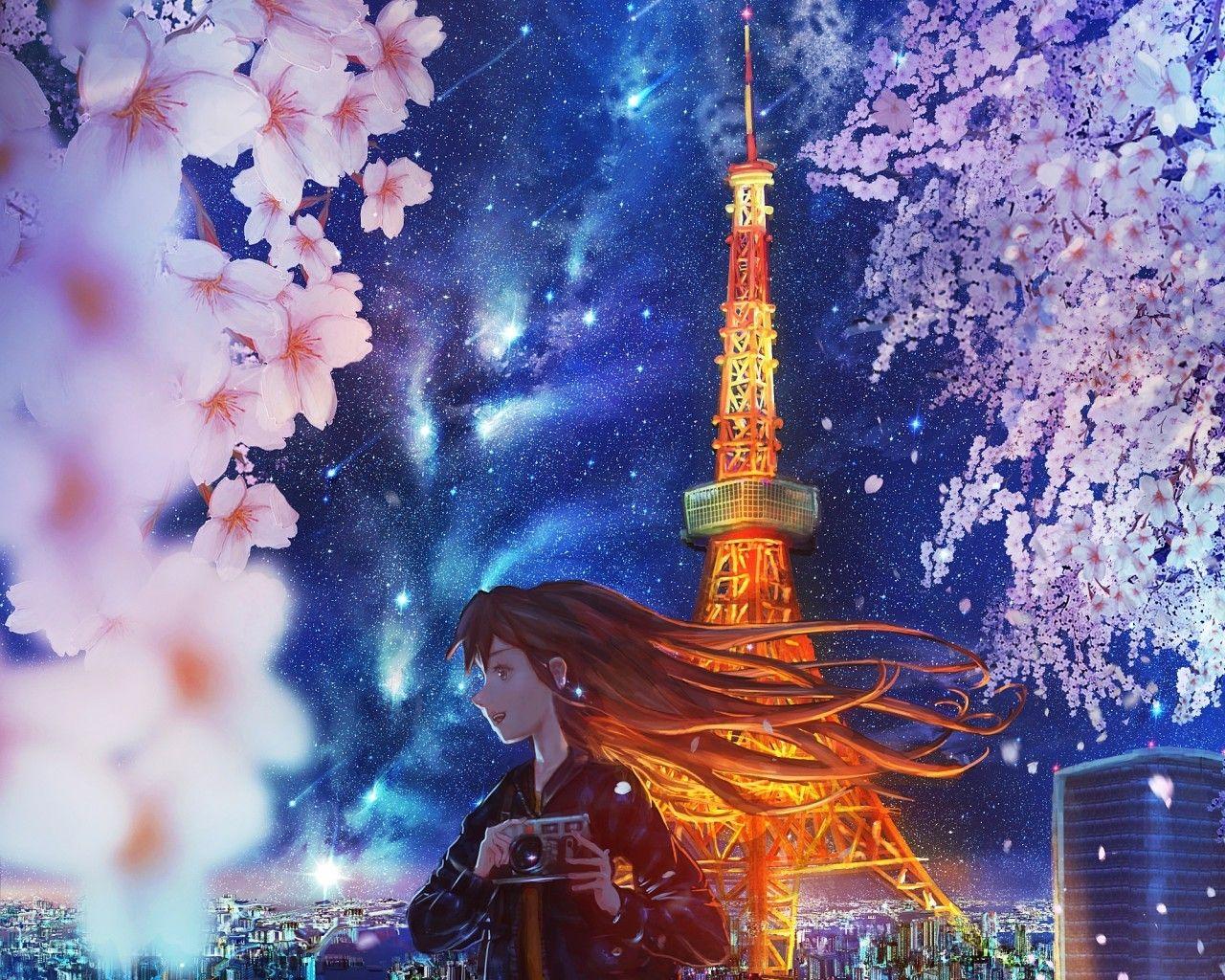 1280x1024 Download 1280x1024 Anime Girl, Tokyo Tower, Scenic, Sakura Blossom, Cityscape, Stars, Night Wallpaper