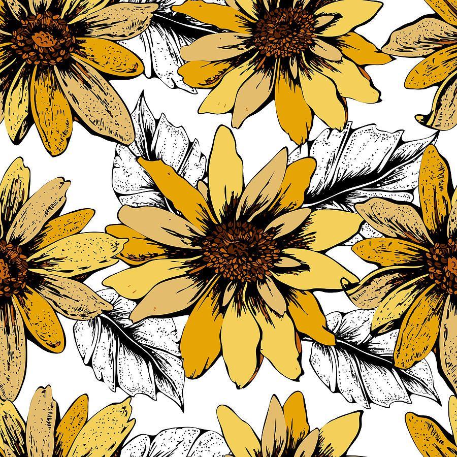 900x900 Colorful seamless floral pattern with cute yellow sunflowers. For your own design. Vector wallpaper, card, wrapping paper, textile, texture Digital Art