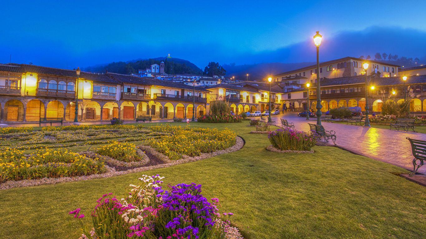 1366x768 Photos Peru Cusco HDRI Lawn Bench Evening Street lights 1366x768