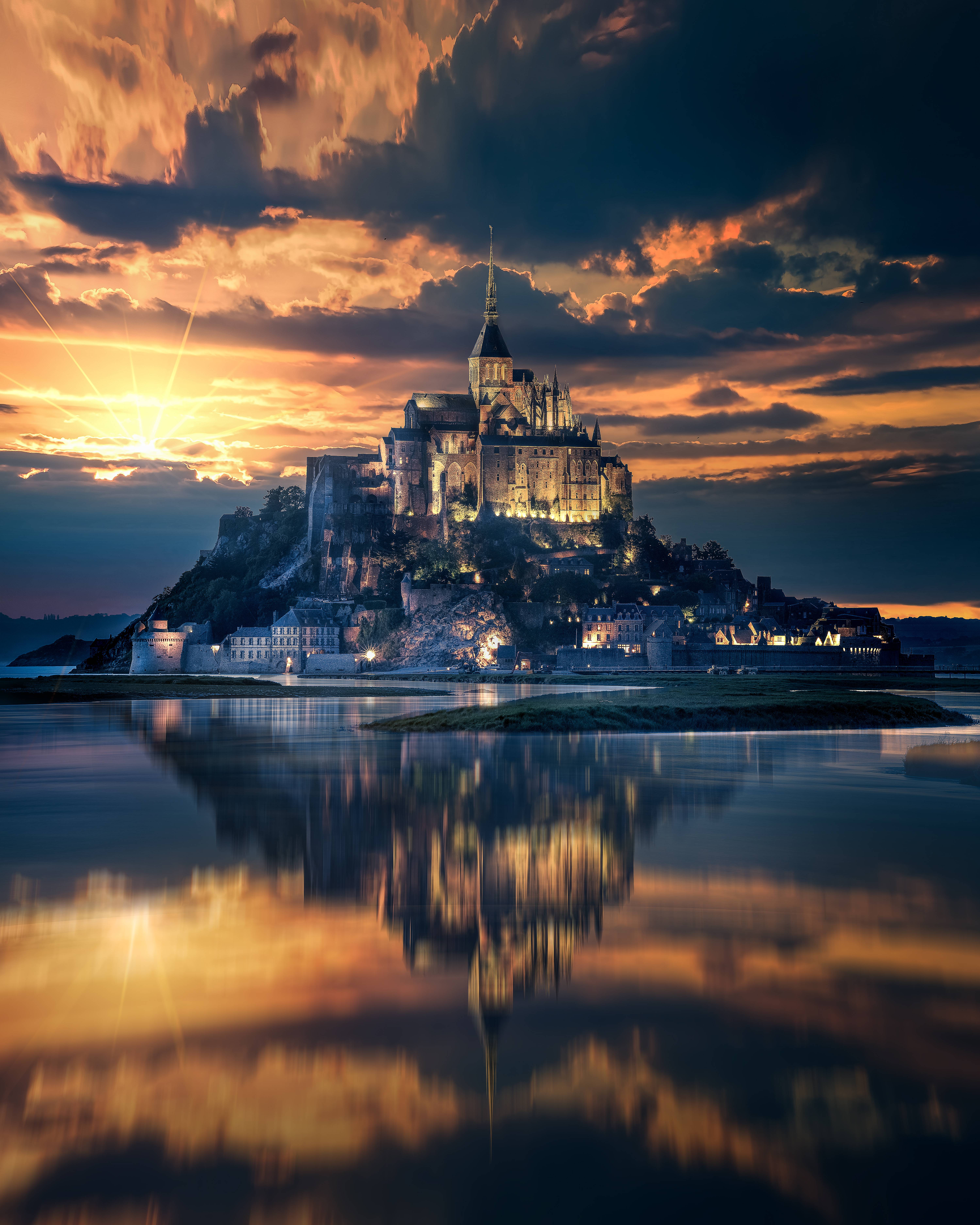 6000x7500 Mont Saint Michel 4K Wallpaper, Island, Ancient Architecture, Reflection, Night, Sunset, Dawn, World