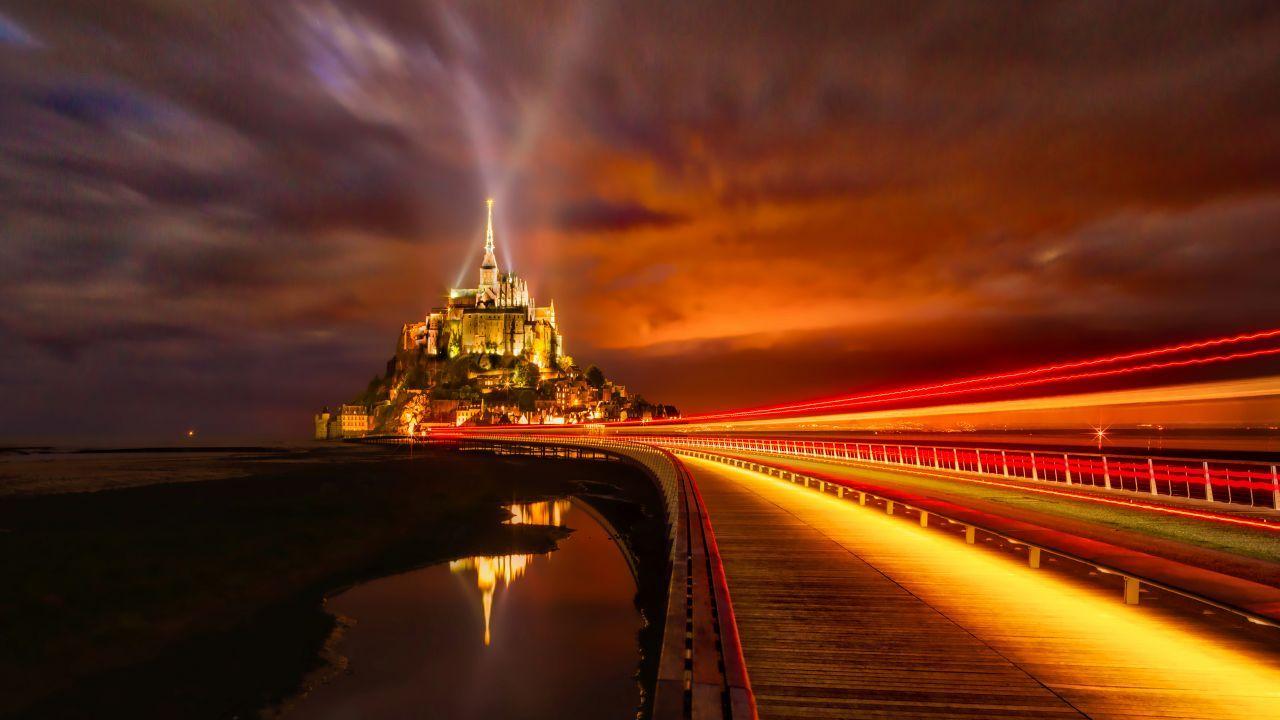 1280x720 Wallpaper Mont Saint Michel, Island, Normandy, France, Night Lights, 4K, World / Most Popular,. Wallpaper For IPhone, Android, Mobile And Desktop