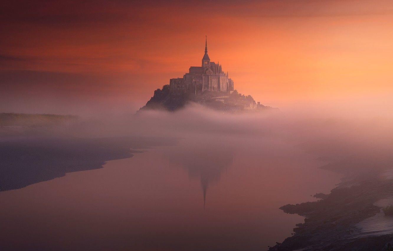 1332x850 Wallpaper Fog, France, Island, The Evening, Morning, Mont Saint Michel, St Michael's Mount Image For Desktop, Section пейзажи