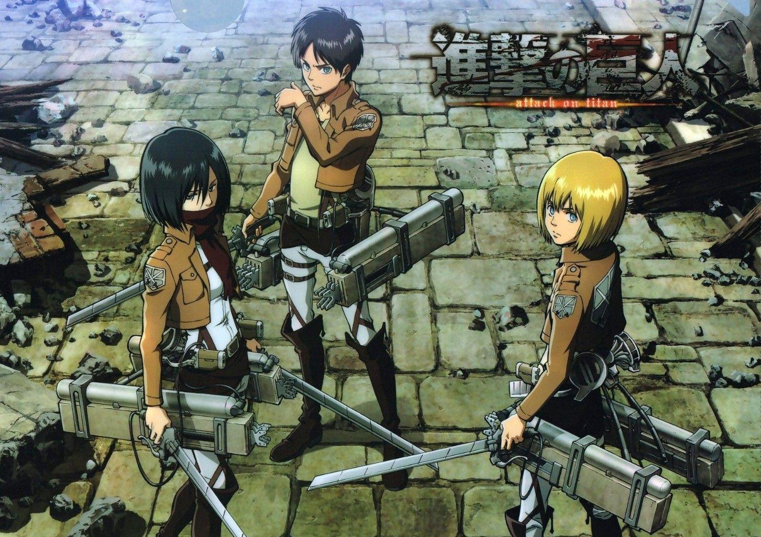 1485x1049 anime, anime boys, anime girls, Shingeki no Kyojin, Mikasa Ackerman, Eren Jaeger, Armin Arlert wallpaper