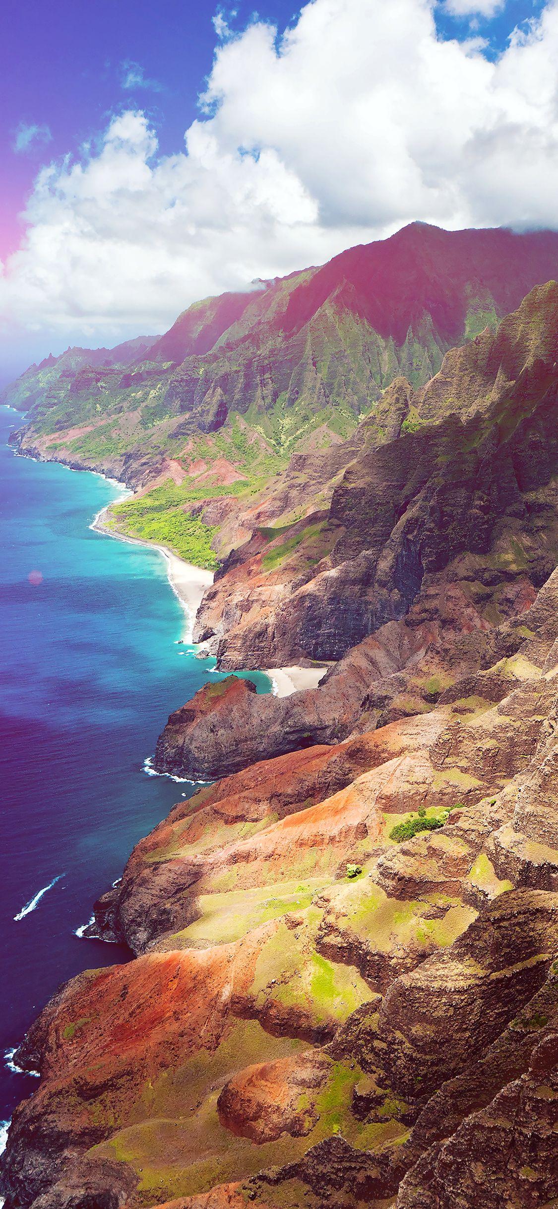 1125x2436 Sea Side View Flare Mountain Nature Wallpaper