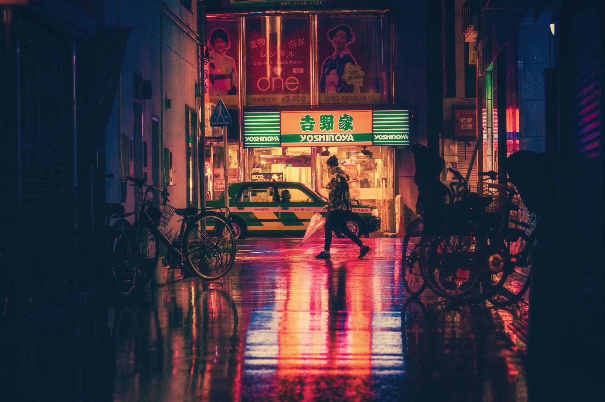 2048x1362 Woman holding red umbrella walking near yellow car HD wallpaper