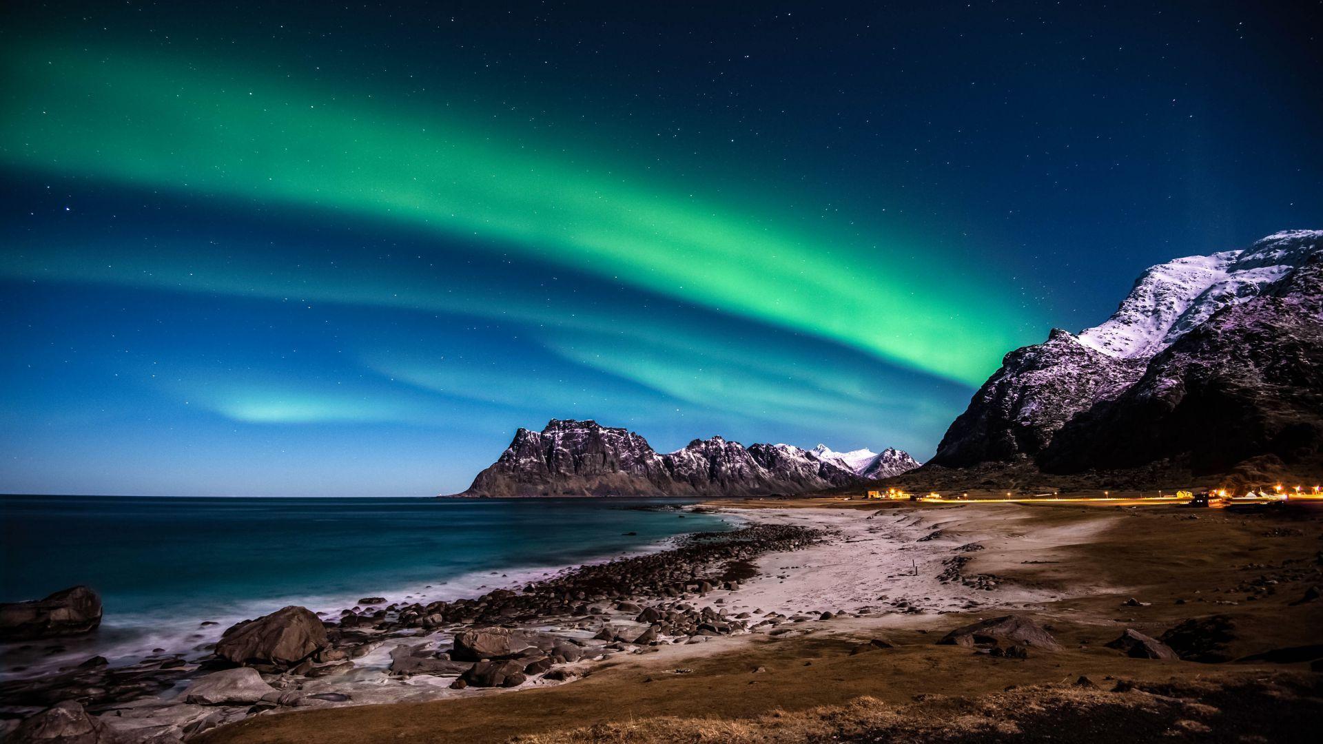 1920x1080 Norway, 5k, 4k wallpaper, HD, Lofoten islands, Mountains, sea, shore, night, northern lights, stars (horizontal). Northern lights, Norway wallpaper, Lofoten
