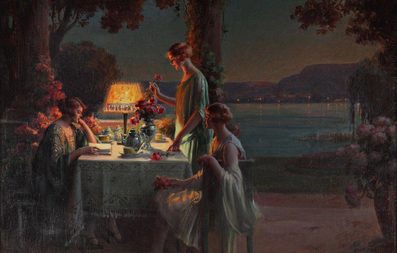 1332x850 Wallpaper flowers, the evening, the tea party, Academism, Dolphin Angola, Young women, on the shores of lake image for desktop, section живопись