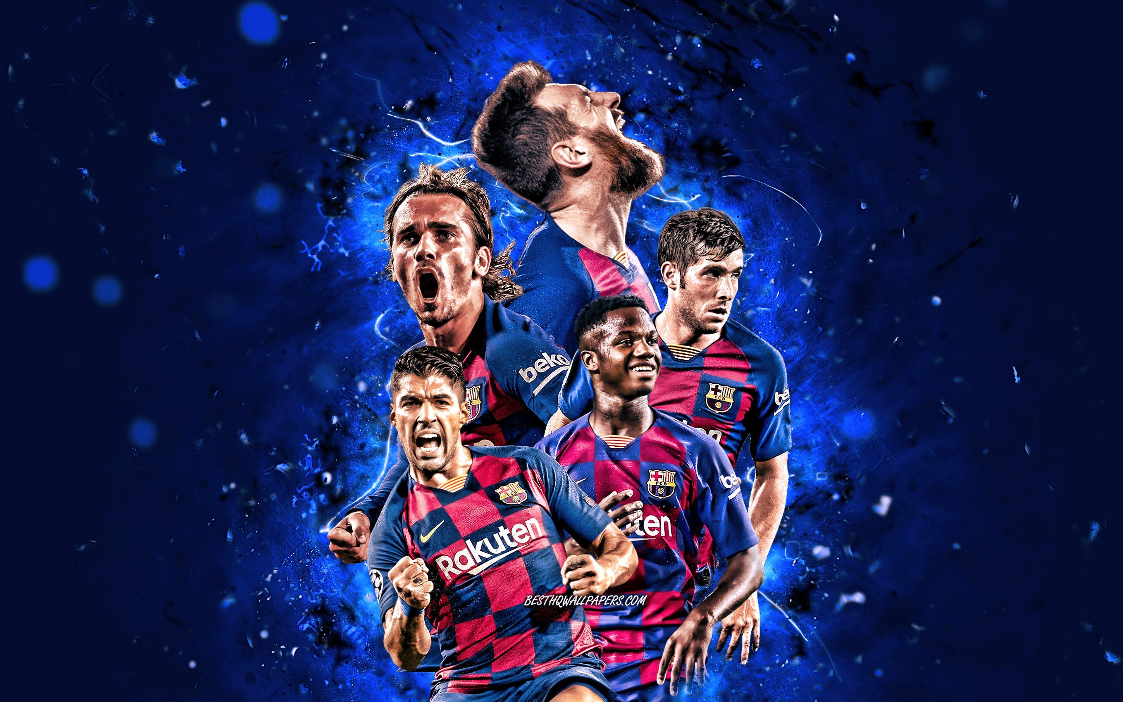 3840x2400 Download wallpaper Lionel Messi, Luis Suarez, Antoine Griezmann, Sergi Roberto, Ansu Fati, 4k, Barcelona FC, footballers, FCB, football stars, La Liga, LaLiga, Barcelona team, neon lights, Barca, soccer for desktop with resolution