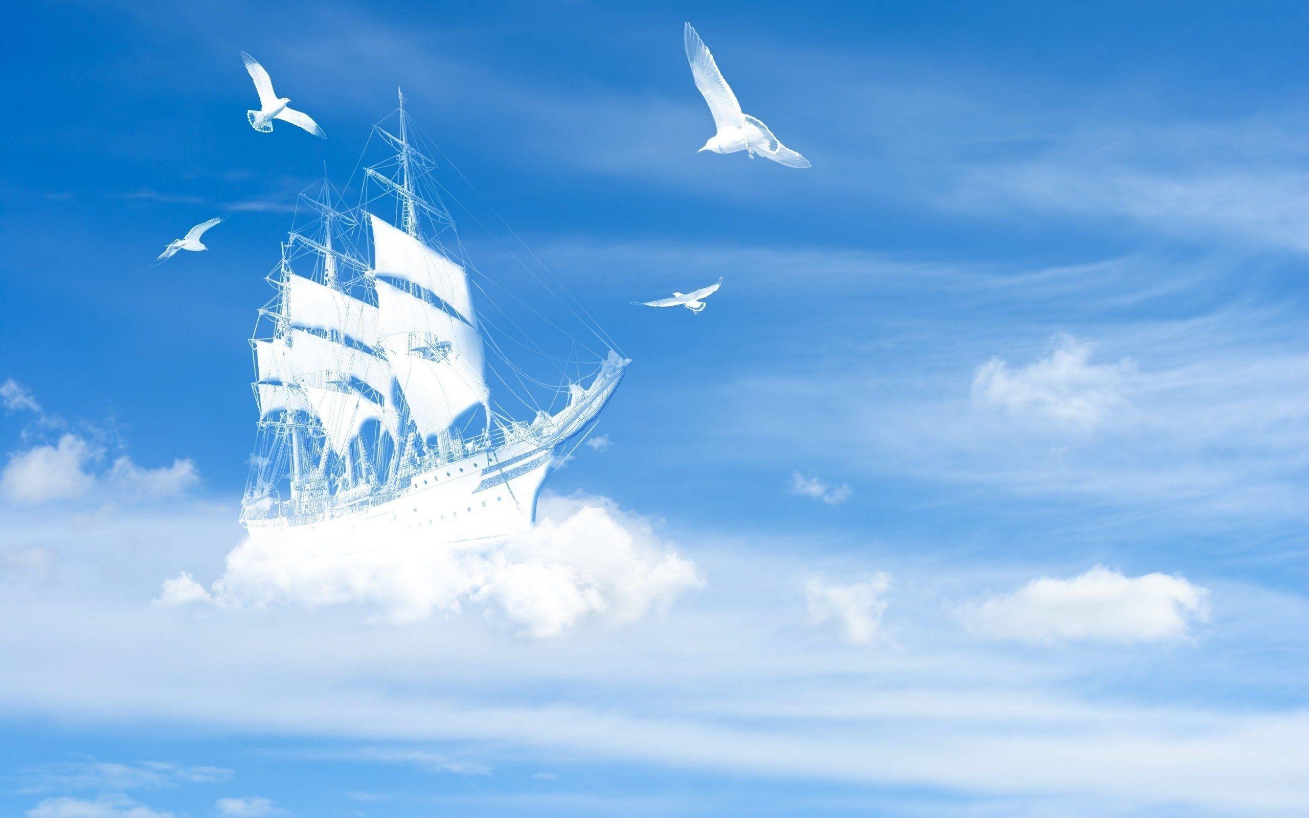 2560x1600 fantasy, Sky, Bird, Sea, Ship Wallpaper HD / Desktop and Mobile Background