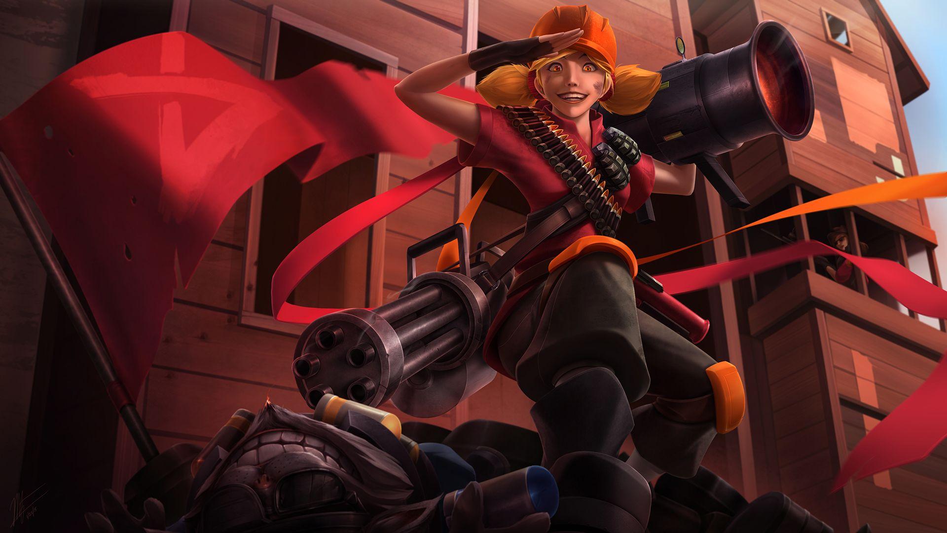 1920x1080 vegacolors league of legends team fortress 2 caitlyn jinx ziggs cosplay crossover gun wallpaper weapon