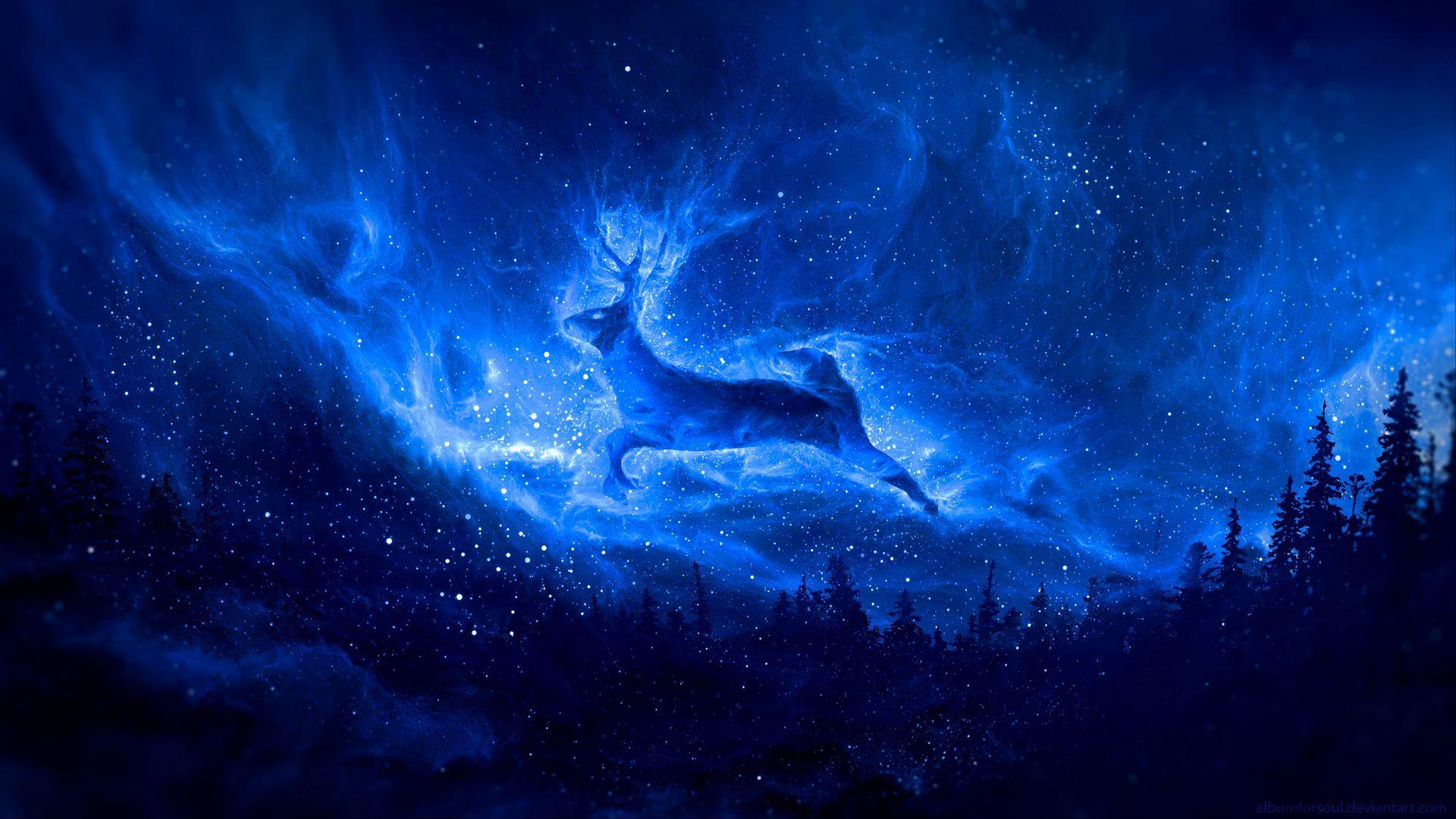 1920x1080 Download wallpaper 1920x1080 deer, silhouette, starry sky, art, fantasy full hd, hdtv, fhd, 1080p HD background