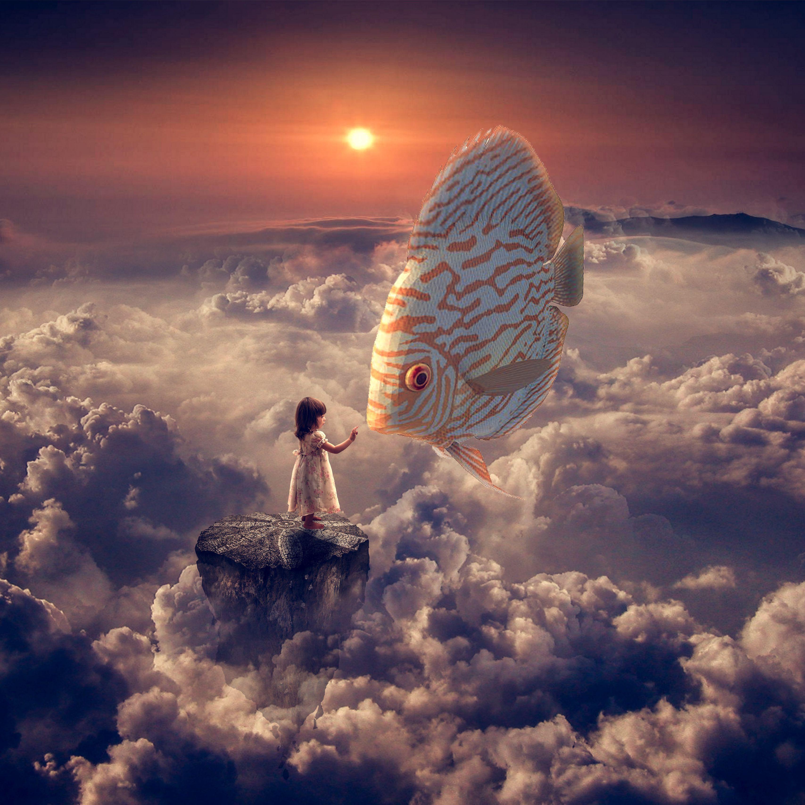 3415x3415 Download wallpaper 3415x3415 fantasy, girl, fish, clouds, sky ipad pro 12.9 retina for parallax HD background