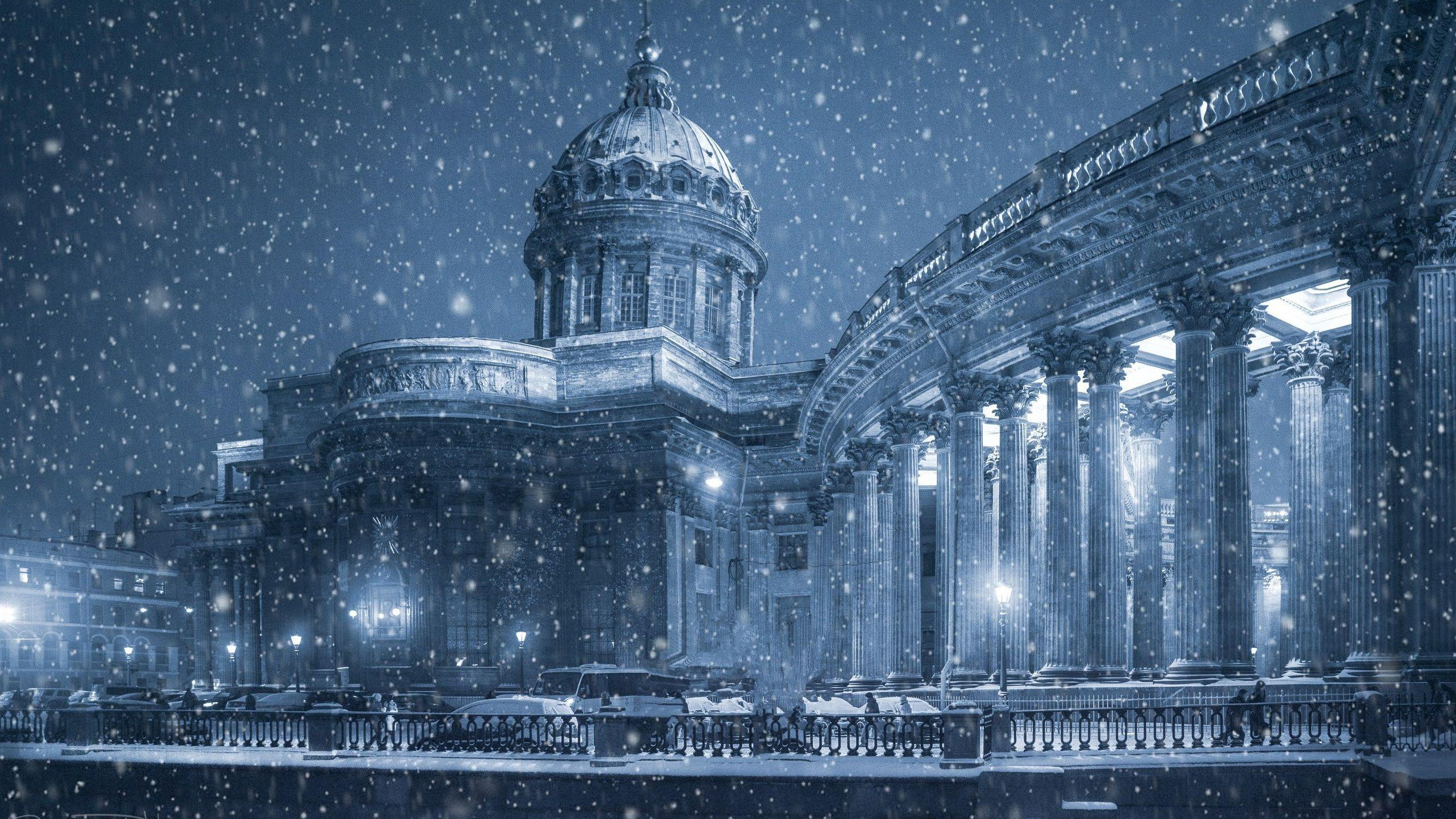 2560x1440 Wallpaper Kazan Cathedral, Saint Petersburg, winter, snow, promenade, Russia 2560x1600 HD Picture, Image