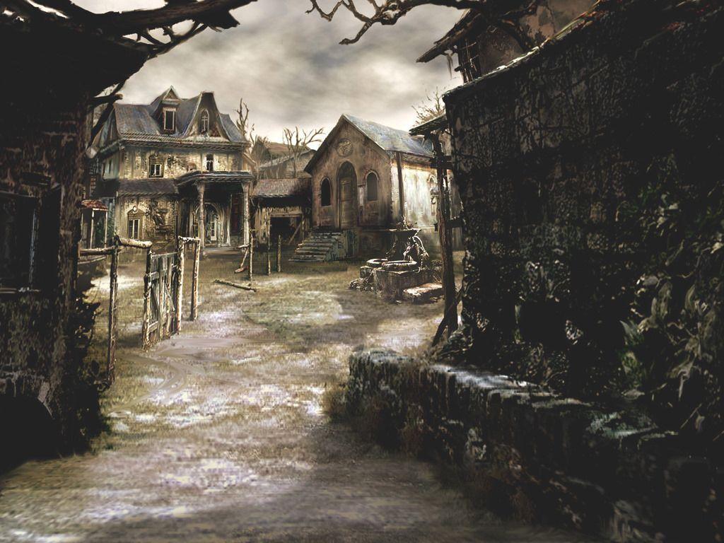 1024x768 Leaving Cottage Row, the old Fountain Square, the abandoned meeting hall and Miss Clementa's house. Resident evil, Resident evil game, Game concept art