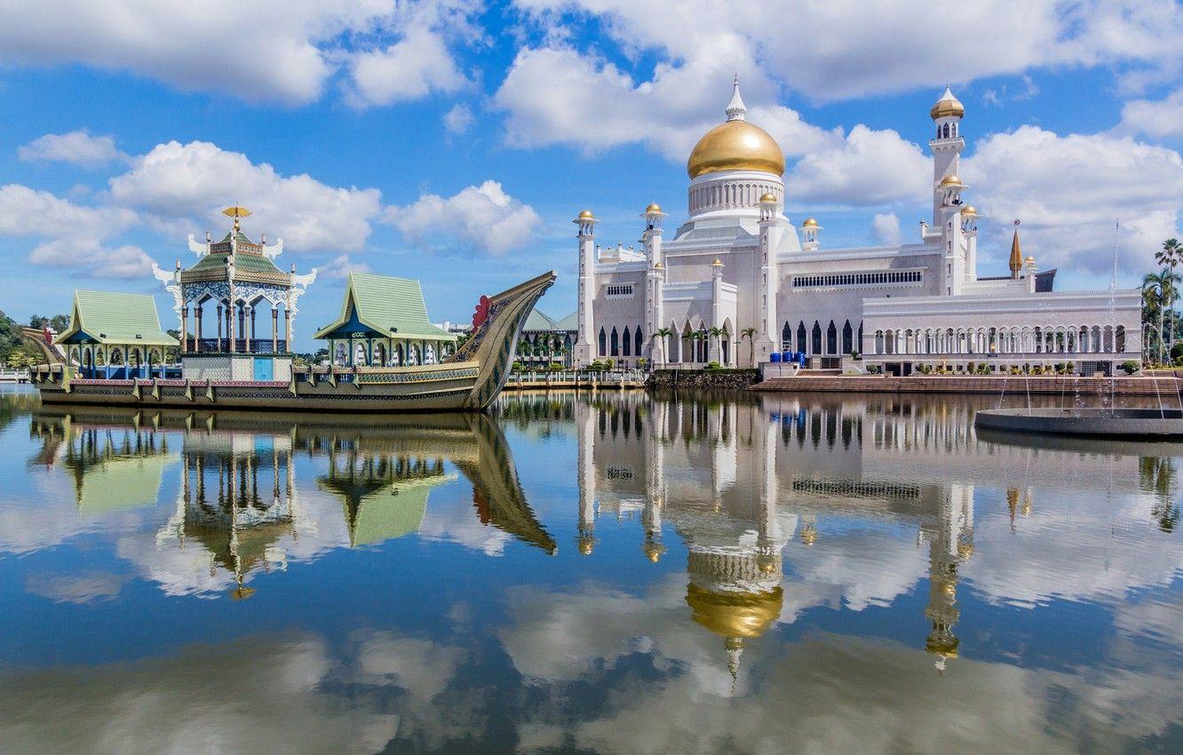 1332x850 Wallpaper water, mosque, Brunei, Brunei, Ali Saifuddin Mosque, Sultan Omar image for desktop, section город