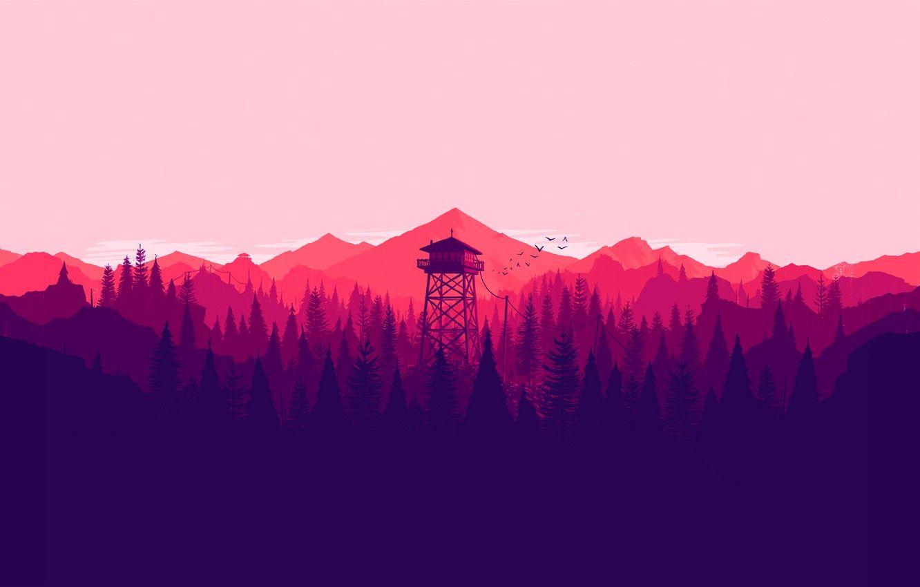 1332x850 Wallpaper white, tower, trees, pink, mountain, birds, purple, violet, salmon, lookout image for desktop, section минимализм