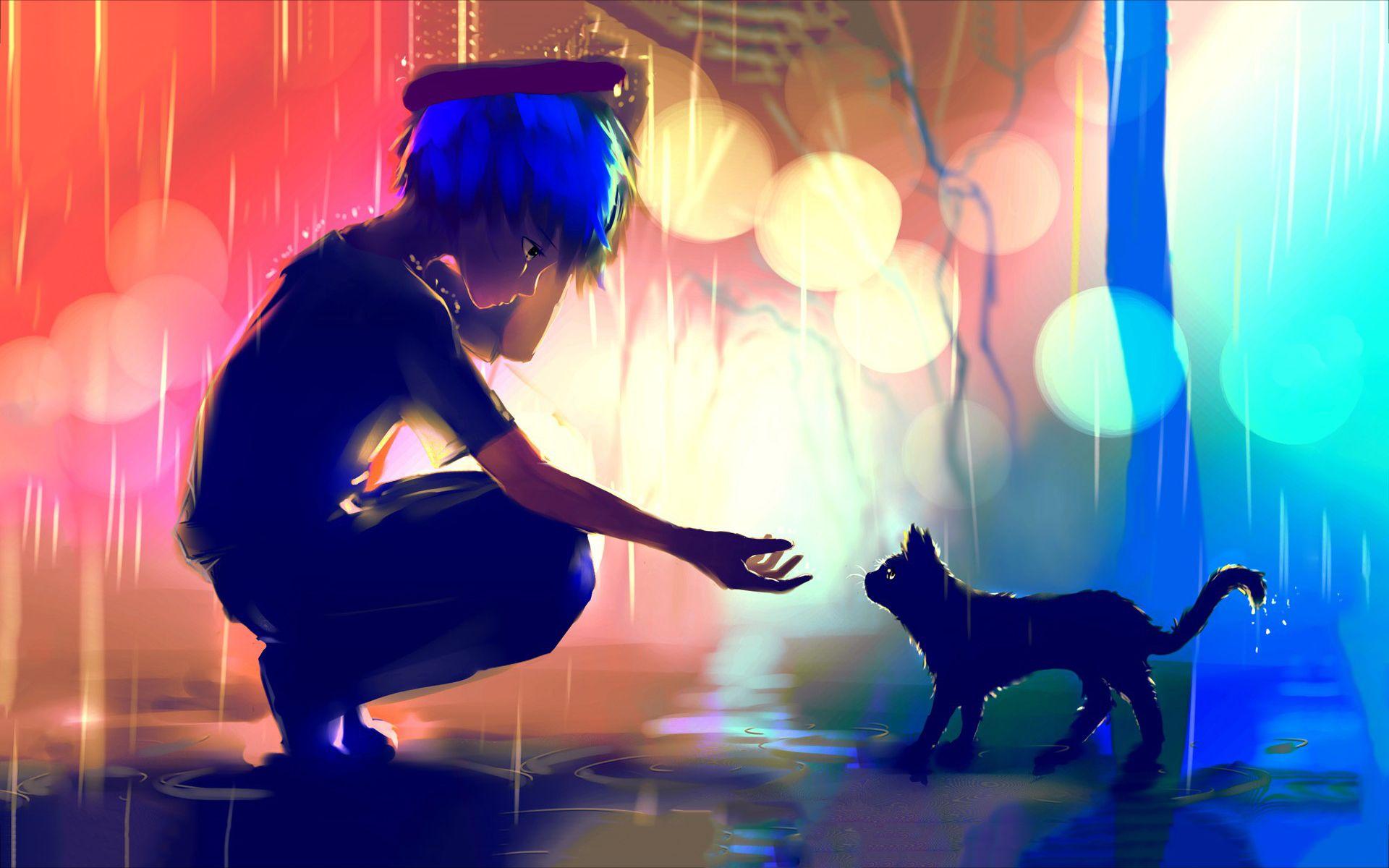 1920x1200 Boy meets cat rain wallpaperx1200