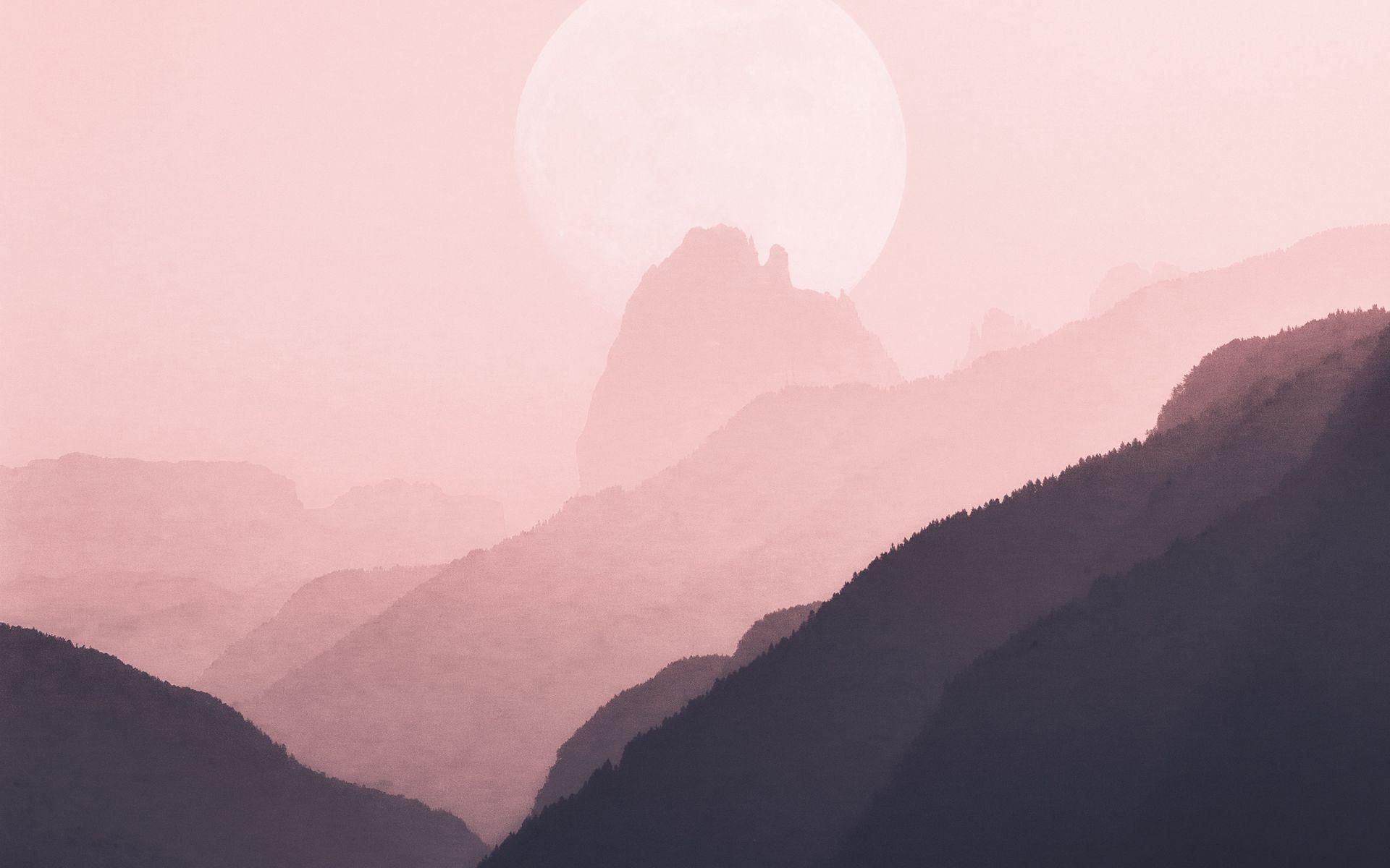 1920x1200 Download wallpaper 1920x1200 mountains, outlines, moon, pink widescreen 16:10 HD background